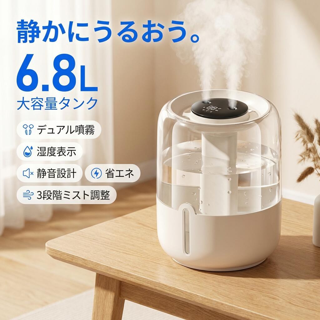 【静かにうるおう】卓上加湿器 6.8L 超音波式 3段階 デュアル噴霧口 静音 エコ 省エネ 湿度表示 オフィス 寝室 新生活 乾燥対策 ポイント消化 プレゼント ギフト 人気 おすすめ 母の日 父の日 誕生日
