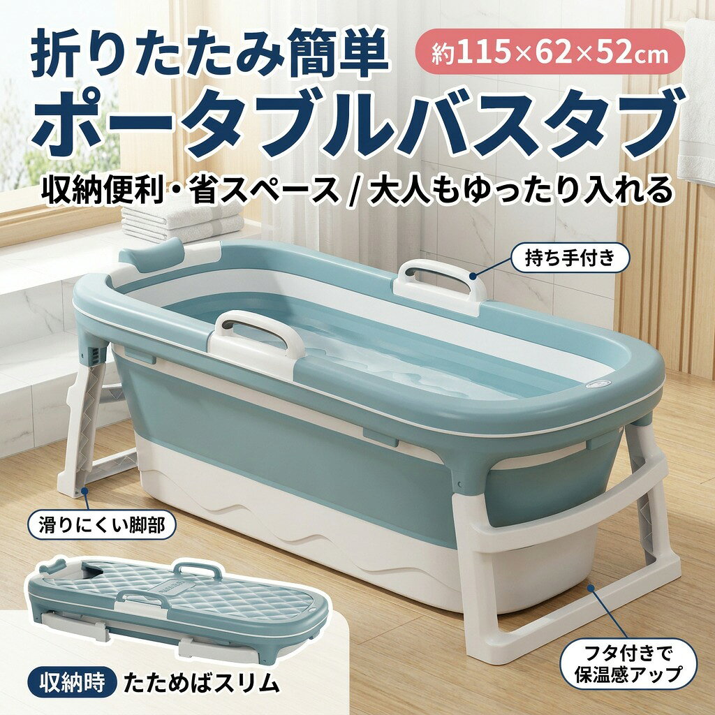 カラー： ブルー、ライトブルー、薄ピンク サイズ：115*62*52 商品の特徴 1.折りたたみバスタブは収納が簡単だけでなく、スピースをとらません。 2.TPEとPP素材で作られてBPAが含まれていません。耐久性に優れ、水が漏れなく、何度も折り畳んでも変形しません。 3.108人間工学的なデザインで、頸椎のプレッシャーを和らげて、腰の疲れを和らげます。 カラー： ブルー、ライトブルー、薄ピンク サイズ：115*62*52 商品の特徴 1.折りたたみバスタブは収納が簡単だけでなく、スピースをとらません。 2.TPEとPP素材で作られてBPAが含まれていません。耐久性に優れ、水が漏れなく、何度も折り畳んでも変形しません。 3.108人間工学的なデザインで、頸椎のプレッシャーを和らげて、腰の疲れを和らげます。 検索関連ワード 折り畳みバスタブ, ポータブル浴槽, 簡易風呂, お風呂桶, 浴槽, 大人用バスタブ, 子供用バスタブ, 収納便利, 持ち運び可能, キャンプ用バスタブ, アウトドア浴槽, 軽量バスタブ, 省スペース, シンプルデザイン, 滑り止め, 設置簡単, ストレスフリー, 耐久性, 水漏れ防止, たたみ式浴槽, 折りたたみ式浴槽, 折り畳み式, 省スペース収納, すきま収納, コンパクト浴槽, 卓上風呂, 家庭用簡易浴槽, シャワー対応, シャワー付き風呂, 風呂桶 シャワー, TPE素材, PP素材, BPAフリー, BPAなし, 子ども お風呂, ベビー 入浴, キッズ バスタブ, 大人 風呂, 介護 入浴 サポート, リラックス 入浴, おうち時間 入浴, 車載 入浴, 車中泊 バスタブ, 防災 グッズ 入浴, 非常用 風呂, 旅行 バスタブ, 新生活, おすすめ, 人気, プレゼント, ギフト, 母の日, 父の日, 誕生日, ポイント消化, 楽天スーパーSALE, お買い物マラソン, 送料無料, 高評価, ブルー, ライトブルー, 薄ピンク, 115x62x52, 軽い, 持ち運び簡単, アウトドア バスグッズ 注意事項 ・ラッピング対応は行っておりません。 ・予告なく仕様変更になる場合がございます。 ・写真はイメージです。実際の商品と若干異なる場合がございます。 ・基本は全国一律送料無料と対応させていただきますが、沖縄・北海道・離島地域へお届けの場合は別途送料をご請求させていただきます。 ・商品のサイズは採寸方法によって、若干な誤差が生じる場合はあります。ご了承ください。 品質保証 ・出品商品は全て新品未使用です。 ・安心の初期不良対応 ：万が一商品に不具合があった場合は、商品到着後7日以内にご連絡ください。 ・不具合の状況確認のため、写真や動画のご提供をお願いする場合がございます。確認後、速やかに「新品交換」または「ご返金」にて対応させていただきます。 ・お客様に安心してご購入いただけるよう、誠心誠意サポートいたします。「悪い評価」を付ける前に、まずはお気軽にご相談ください。 検索関連ワード 折り畳みバスタブ, ポータブル浴槽, 簡易風呂, お風呂桶, 浴槽, 大人用バスタブ, 子供用バスタブ, 収納便利, 持ち運び可能, キャンプ用バスタブ, アウトドア浴槽, 軽量バスタブ, 省スペース, 折りたたみ式浴槽, 折り畳み簡単, かんたん設置, 設置簡単, コンパクト浴槽, 浴室用バスタブ, ベランダ風呂, シャワー対応, シャワー利用, 滑り止め付き, 滑り止め, TPE素材, PP素材, BPAフリー, 水漏れ防止, 省手間お風呂, 収納場所節約, 新生活 バスタブ, 新生活 プレゼント, 母の日 ギフト, 父の日 ギフト, 誕生日 プレゼント, ギフト, プレゼント, ポイント消化, 人気 おすすめ, 楽天スーパーSALE, お買い物マラソン, 卓上サイズ, 子ども お風呂, 親子 お風呂, キッズバスタイム, 車載 入浴, 車中泊 バスタブ, 災害 備え 風呂, 旅行 バスタブ, 介護 風呂 代わり, リラックス 入浴, 癒し お風呂, ストレスフリー, シンプルデザイン, おしゃれ浴槽, ブルー 浴槽, ライトブルー, 薄ピンク, 軽量 風呂桶注意事項：モニターの発色により、実物と異なる場合がございます。