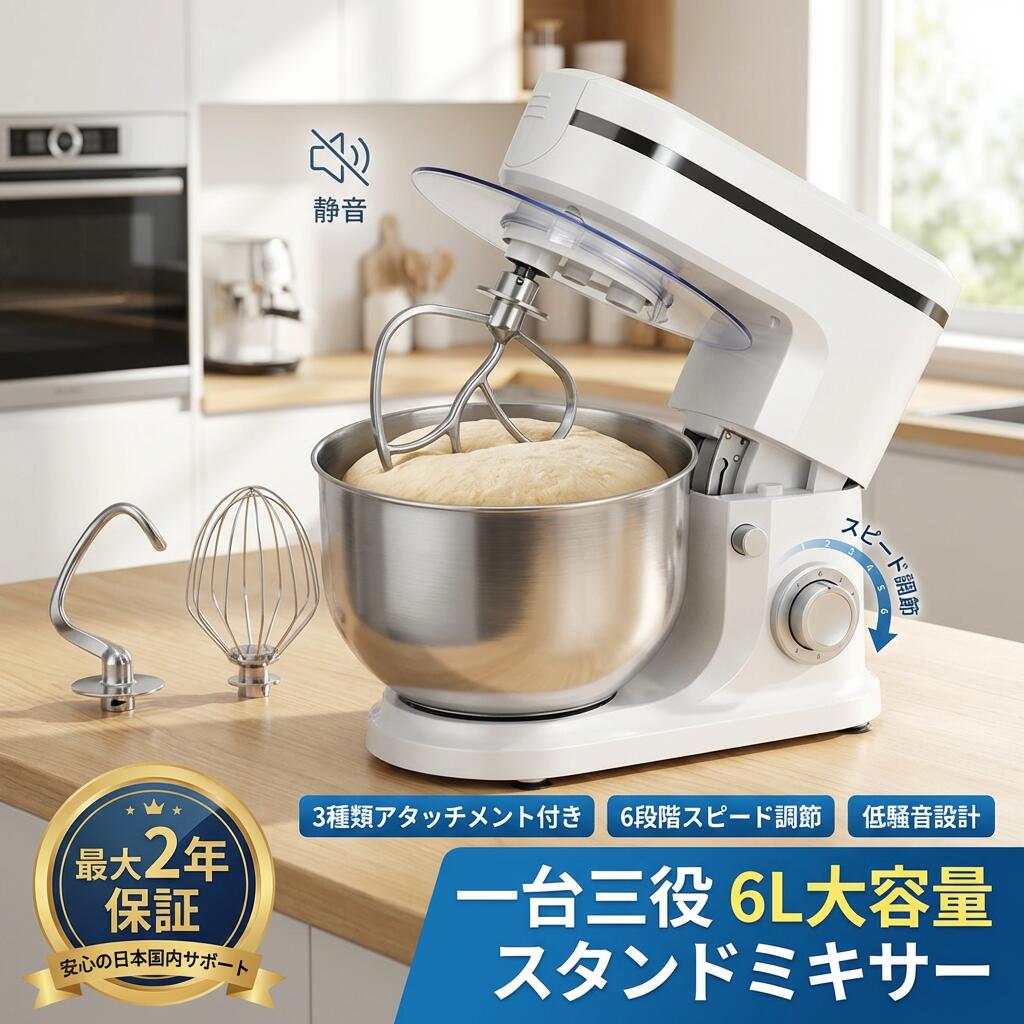 乐天商城 - 【一台三役】スタンドミキサー 業務用 卓上型 6段階スピード調節 3種類アタッチメント付き 低騒音 大容量 6L 家庭用 業務用 こねる 混ぜる 泡立てる パン お菓子 手作り ポイント消化 プレゼント ギフト 人気 おすすめ 新生活 母の日 父の日 誕生日