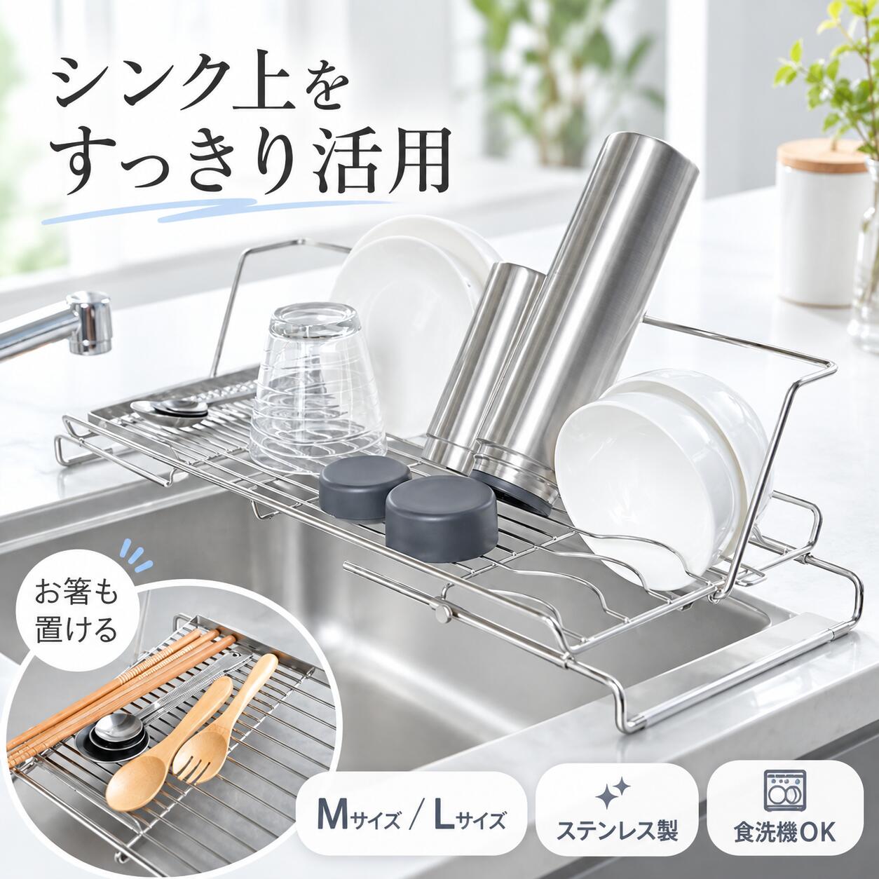 【シンク上をすっきり活用】水切りラック シンク上 ステンレス 水切りスタンド 食器水切り 水筒 ボトル グラス お皿 箸 カトラリー キッチン収納 シンク周り 省スペース シンプル M L 2サイズ