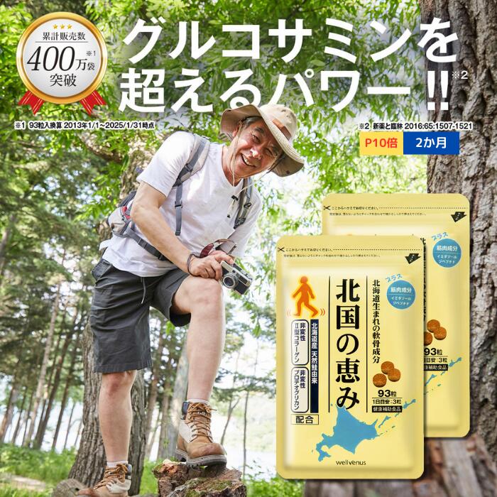 ＼P10倍／北国の恵み 93粒×2袋 (約2ヶ月分) 北国の恵 プロテオグリカン 2型コラーゲン ヒアルロン酸 サプリ サプリメント グルコサミン コンドロイチン 鮭鼻 軟骨成分 配合 鮭軟骨 サケ軟骨 非変性ii型コラーゲン 送料無料