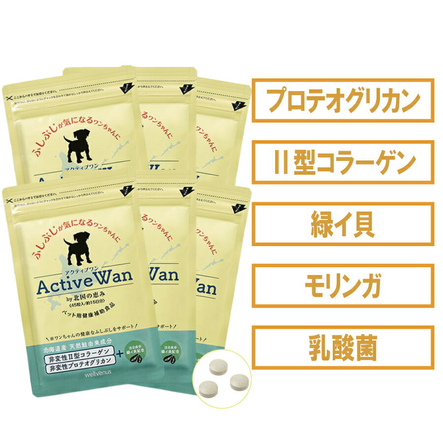 【公式】アクティブワン 45粒×6袋 犬 犬用 サプリ 『緑イ貝 乳酸菌 2型コラーゲン プロテオグリカン モリンガ』 5つの自然由来成分配合 国産サプリ グルコサミン、コンドロイチンを含む新・軟骨成分『プロテオグリカン』配合