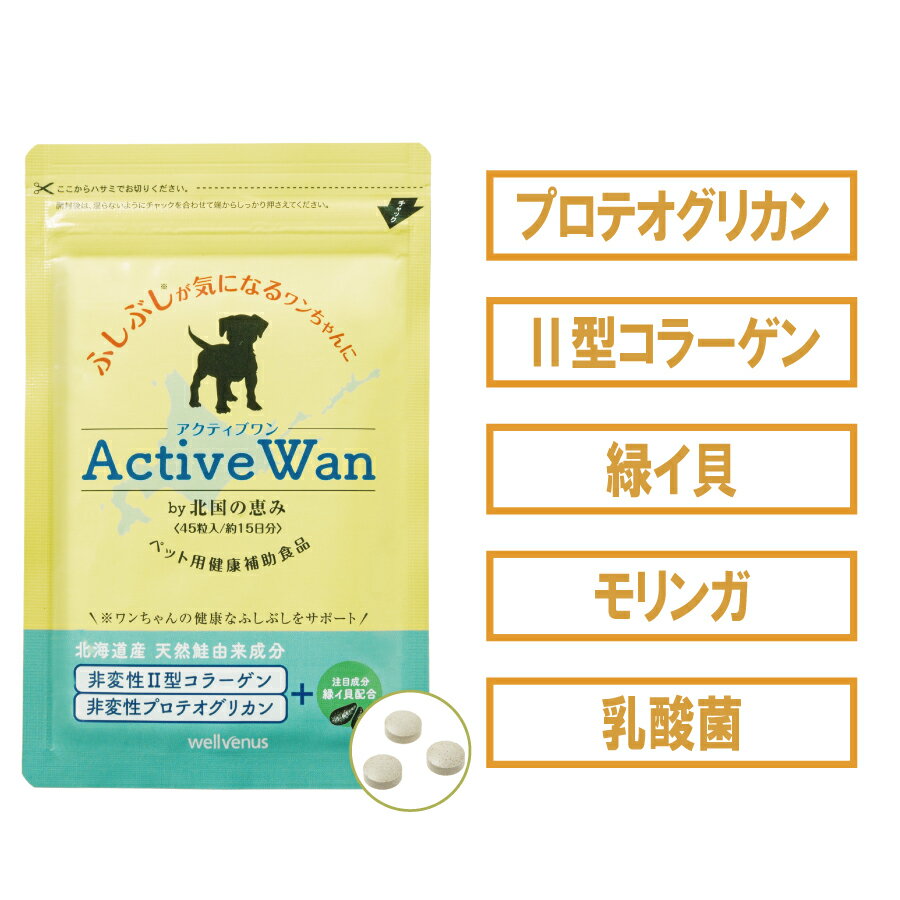 【公式】アクティブワン 45粒×1袋 犬 犬用 サプリ 『緑イ貝 乳酸菌 2型コラーゲン プロテオグリカン モリンガ』 5つの自然由来成分配合 国産サプリ グルコサミン、コンドロイチンを含む新・軟骨成分『プロテオグリカン』配合