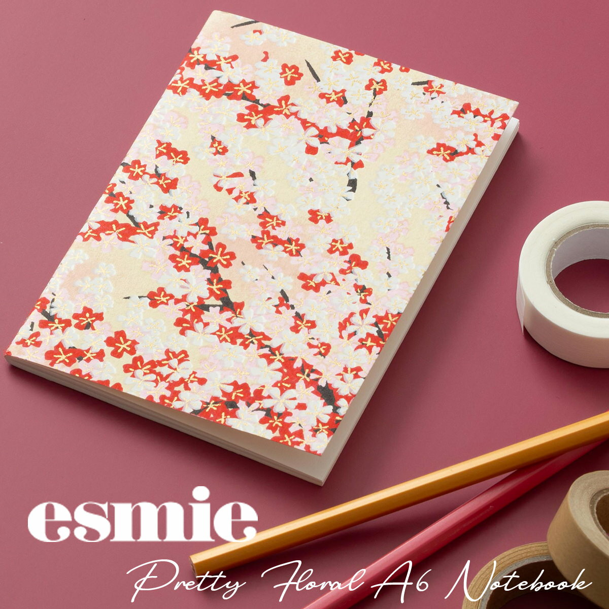 Rakuten - ESMIE エスミー イギリス 雑貨 A6 ノート手帳 英国製 ホワイトレッドブラッサム ピンク雑貨 メモ帳 花柄 Made in UK ロンドン 英国 esmiepn ギフト 母の日