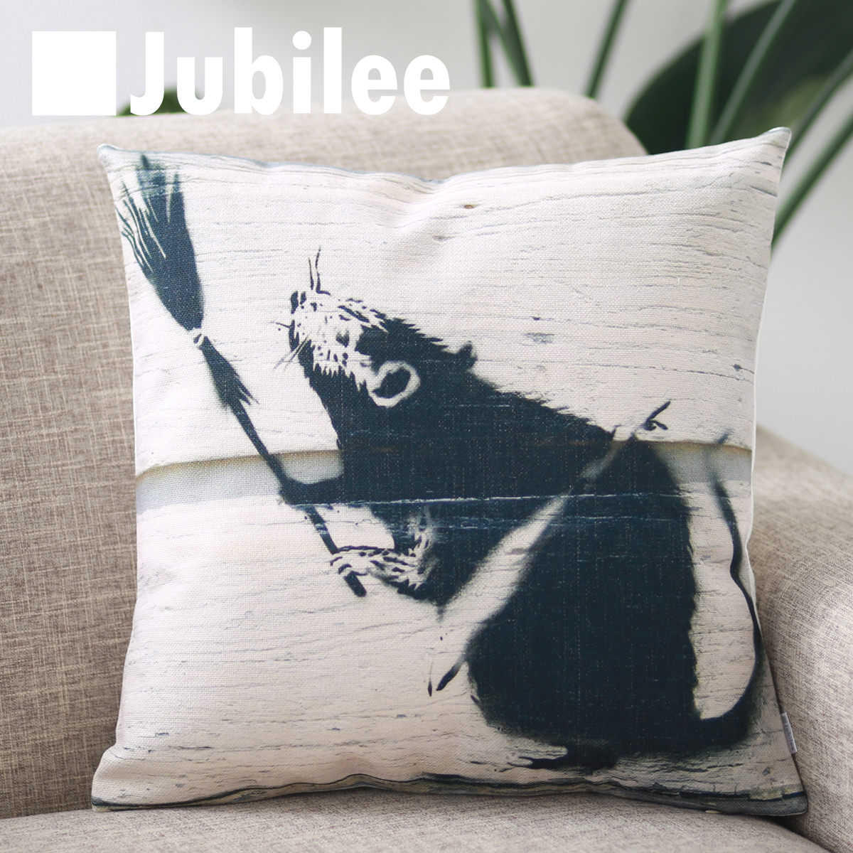 【バンクシー Banksy クッションカバー】 Cushion Cover 北欧デザイン 45×45cm リネン 天然の麻で出来たハンドメイド マウススイーパー プレゼント ギフト 新生活 新居 引越し祝い 新築 子供 家 おうち 在宅 おしゃれ