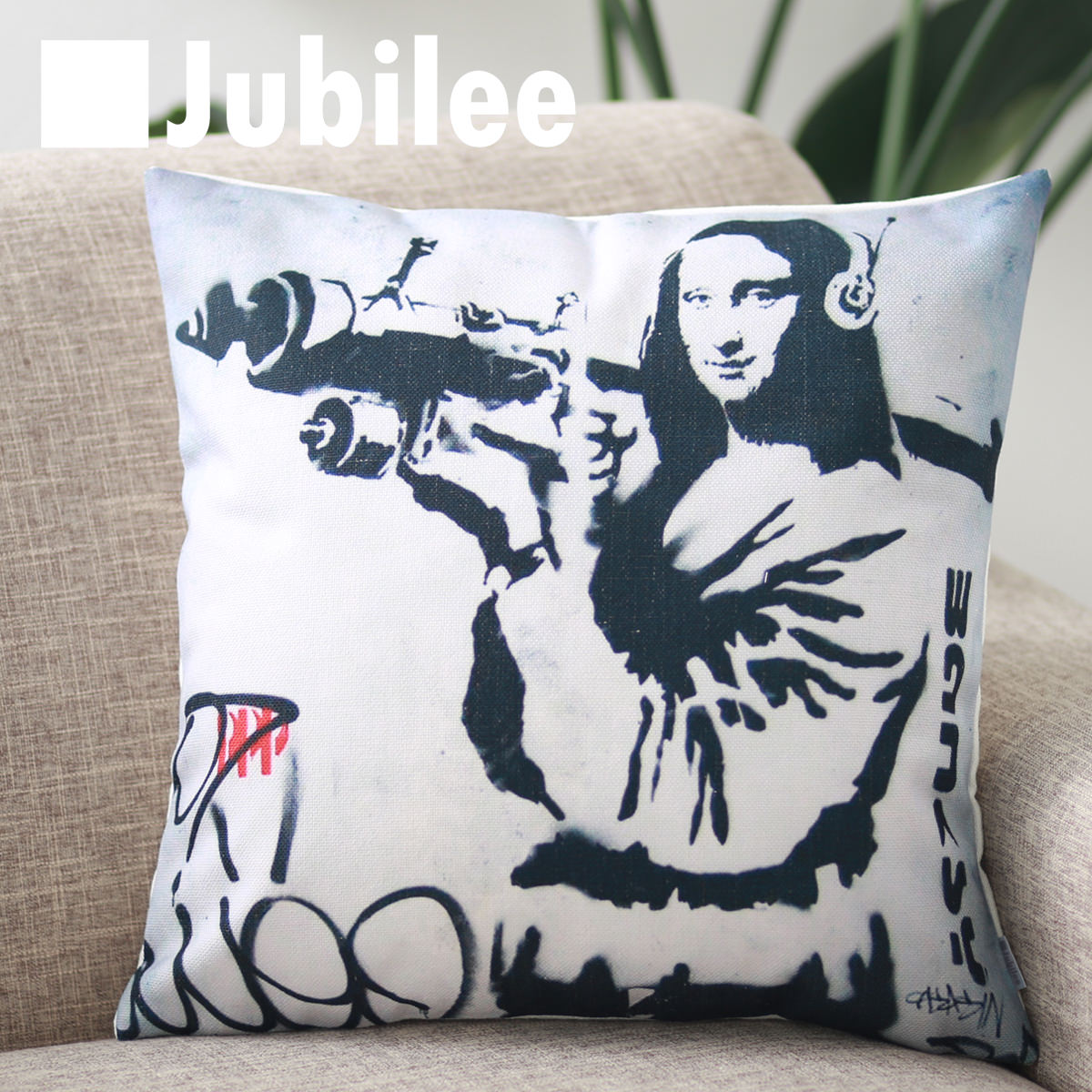 【バンクシー Banksy クッションカバー】 Cushion Cover 北欧デザイン 45×45cm リネン 天然の麻で出来たハンドメイド モナリザバズーカ プレゼント ギフト 新生活 新居 引越し祝い 新築 子供 家 おうち 在宅 おしゃれ 母の日 1