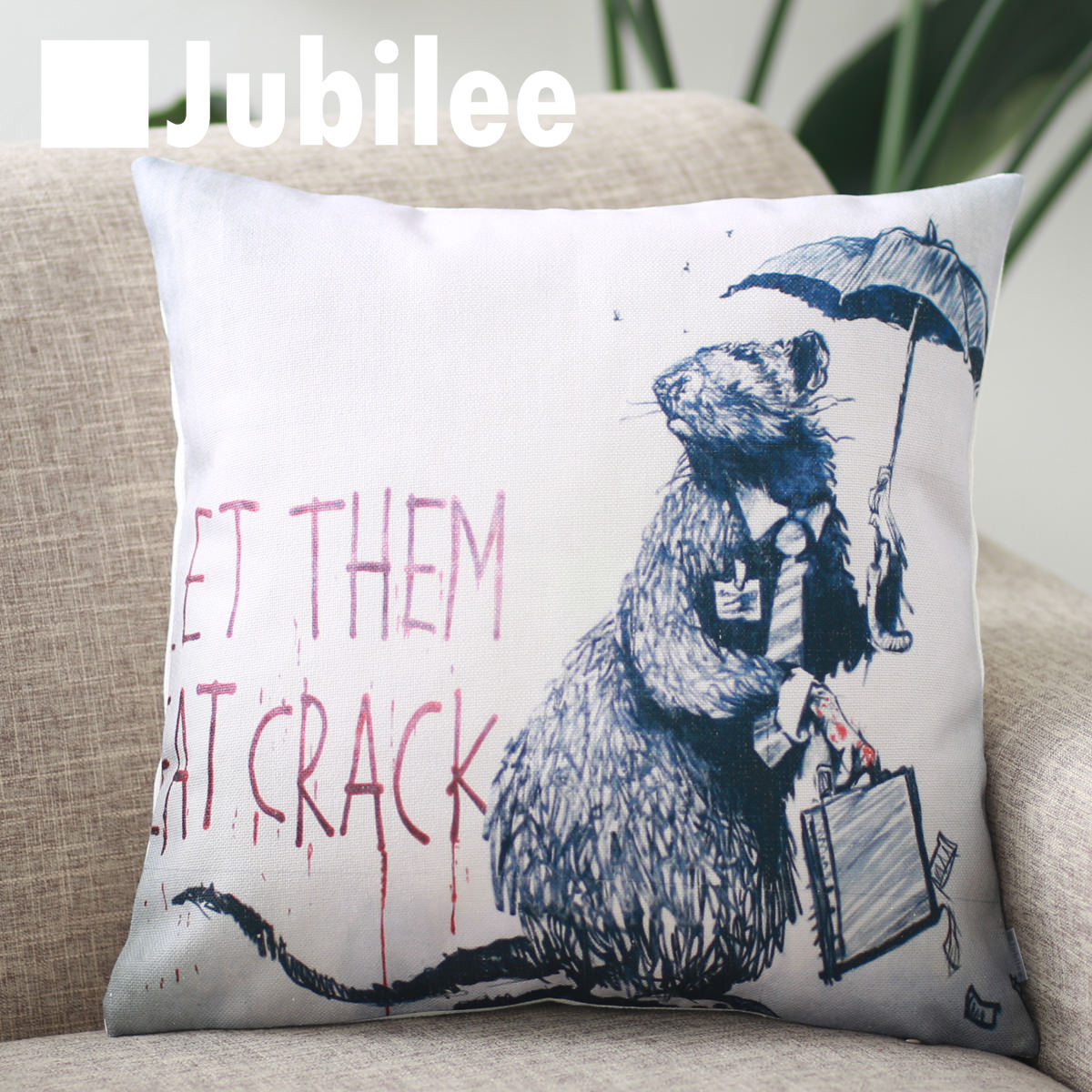 【バンクシー Banksy クッションカバー】 Cushion Cover 北欧デザイン 45×45cm リネン 天然の麻で出来たハンドメイド アンブレララット プレゼント ギフト 新生活 新居 引越し祝い 新築 子供 家 おうち 在宅 おしゃれ