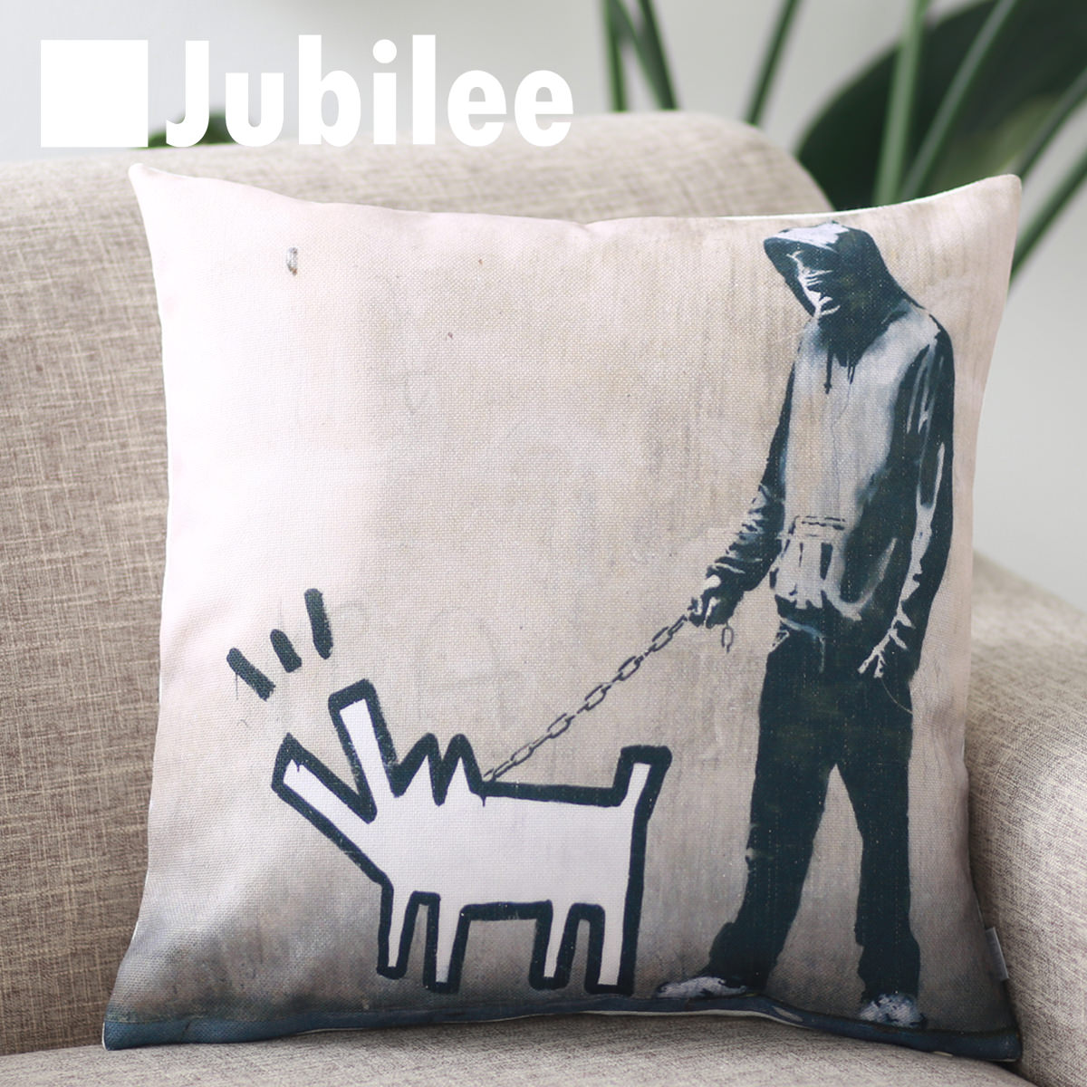 楽天クッションカバーランチョンマット【バンクシー Banksy クッションカバー】 Cushion Cover 北欧デザイン 45×45cm リネン 天然の麻で出来たハンドメイド ドッグウォーキング プレゼント ギフト 新生活 新居 引越し祝い 新築 子供 家 おうち 在宅 おしゃれ