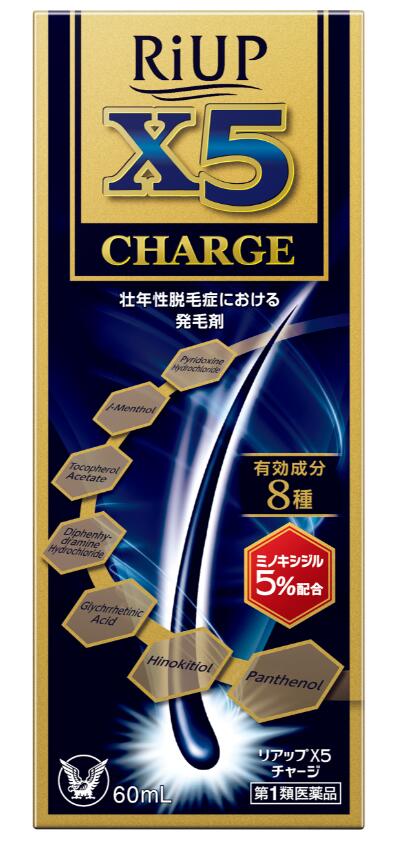 【商品紹介】 リアップX5チャージは、「壮年性脱毛症における発毛剤」です 髪が成長するには時間がかかります。発毛の効果を実感するまで、少なくとも4ヵ月間、用法・用量を守って正しくお使いください。 また、その後は脱毛の進行予防の効果(既に始まってしまった脱毛がそれ以上進行するのを防ぐ効果)を維持するためにも、継続してご使用になることをおすすめいたします。 壮年性脱毛症とは、一般的に遺伝性の薄毛又は抜け毛で、ゆっくりと何年もかかって進行し、目立つようになるものです。 医薬品は、用法用量を逸脱すると重大な健康被害につながります。 必ず使用する際に商品の説明書をよく読み、用法用量を守ってご使用ください。 用法用量を守って正しく使用しても、副作用が出ることがあります。 異常を感じたら直ちに使用を中止し、医師又は薬剤師に相談してください。 ●使用上の注意 ■■してはいけないこと■■ 守らないと現在の症状が悪化したり、副作用が起こる可能性があります。 1.次の人は使用しないでください。 (1)本剤又は本剤の成分によりアレルギー症状を起こしたことがある人。 (2)女性。 本剤は日本人女性における安全性が確認されていないため、女性の方はミノキシジルを1%配合したリジェンヌブランドの製品をご使用ください。 (3)未成年者(20歳未満)。 国内での使用経験がありません。 (4)壮年性脱毛症以外の脱毛症(例えば、円形脱毛症、甲状腺疾患による脱毛等)の人、あるいは原因のわからない脱毛症の人。 本剤は壮年性脱毛症でのみ有効です。 (5)脱毛が急激であったり、髪が斑状に抜けている人。 壮年性脱毛症以外の脱毛症である可能性が高い。 2.次の部位には使用しないでください。 (1)本剤は頭皮にのみ使用し、内服しないでください。 血圧が下がる等のおそれがあります。 (2)きず、湿疹あるいは炎症(発赤)等がある頭皮。 きず等を悪化させることがあります。 3.本剤を使用する場合は、他の育毛剤及び外用剤(軟膏、液剤等)の頭皮への使用は、さけてください。 また、これらを使用する場合は本剤の使用を中止してください。 これらの薬剤は本剤の吸収に影響を及ぼす可能性があります。 ■■相談すること■■ 1.次の人は使用前に医師又は薬剤師に相談してください。 (1)今までに薬や化粧品などによりアレルギー症状(例えば、発疹・発赤、かゆみ、かぶれ等)を起こしたことがある人。 (2)高血圧の人、低血圧の人。 本剤は血圧に影響を及ぼす可能性が考えられます。 (3)心臓又は腎臓に障害のある人。 本剤は心臓や腎臓に影響を及ぼす可能性が考えられます。 (4)むくみのある人。 むくみを増強させる可能性が考えられます。 (5)家族、兄弟姉妹に壮年性脱毛症の人がいない人。 壮年性脱毛症の発症には遺伝的要因が大きいと考えられます。 (6)高齢者(65歳以上)。 一般に高齢者では好ましくない症状が発現しやすくなります。 (7)次の診断を受けている人。 甲状腺機能障害(甲状腺機能低下症、甲状腺機能亢進症)。 甲状腺疾患による脱毛の可能性があります。 2.使用後、次の症状があらわれた場合は副作用の可能性があるので、直ちに使用を中止し、この説明書を持って医師又は薬剤師に相談してください。 関係部位:皮膚 症状:頭皮の発疹・発赤*、かゆみ、かぶれ、ふけ、使用部位の熱感等 関係部位:精神神経系 症状:頭痛、気が遠くなる、めまい 関係部位:循環器 症状:胸の痛み、心拍が速くなる 関係部位:代謝系 症状:原因のわからない急激な体重増加、手足のむくみ *:頭皮以外にあらわれることもあります。 3.6ヵ月間使用して、次のいずれにおいても改善が認められない場合は、使用を中止し、この説明書を持って医師又は薬剤師に相談してください。 脱毛状態の程度、生毛・軟毛の発生、硬毛の発生、抜け毛の程度(太い毛だけでなく細く短い抜け毛の減少も改善の目安となります)。 壮年性脱毛症以外の脱毛症であったり、脱毛が他の原因によるものである可能性があります。 4.使用開始後6ヵ月以内であっても、脱毛状態の悪化や、次のような脱毛が見られた場合は、使用を中止し、この説明書を持って医師又は薬剤師に相談してください。 頭髪以外の脱毛、斑状の脱毛、急激な脱毛など。 壮年性脱毛症以外の脱毛症であったり、脱毛が他の原因によるものである可能性があります。 その他の注意 1.毛髪が成長するには時間がかかります。 効果がわかるようになるまで少なくとも4ヵ月間、毎日使用してください。 本剤の有効性は4ヵ月使用後から認められています。 2.毛髪が成長する程度には個人差があり、本剤は誰にでも効果があるわけではありません。 3.効果を維持するには継続して使用することが必要で、使用を中止すると徐々に元に戻ります。 本剤は壮年性脱毛症の原因を取り除くものではありません。 ●効能・効果 壮年性脱毛症における発毛、育毛及び脱毛(抜け毛)の進行予防。 ●用法・用量 成人男性(20歳以上)が、1日2回、1回1mLを脱毛している頭皮に塗布してください。 1回1mLのご使用は、脱毛範囲の大小に関係なくお守りください。 1mLは塗り広げれば、頭皮全体に十分に行きわたる量として設計してあります。 なお、容器は1mLを計量できるタイプです。 1.用法・用量の範囲より多量に使用しても、あるいは頻繁に使用しても効果はあがりません。 定められた用法・用量を厳守してください。(決められた以上に多く使用しても、効果の増加はほとんどなく、副作用の発現する可能性が高くなります) 2.目に入らないように注意してください。 万一、目に入った場合には、すぐに水又はぬるま湯で洗ってください。 なお、症状が重い場合には眼科医の診療を受けてください。 3.薬液のついた手で、目などの粘膜にふれると刺激があるので、手についた薬液はよく洗い落としてください。 4.アルコールなどに溶けるおそれのあるもの(メガネわく、化学繊維等)にはつかないようにしてください。 5.整髪料及びヘアセットスプレーは、本剤を使用した後に使用してください。 6.染毛剤(ヘアカラー、毛染め、白髪染め等)を使用する場合には、完全に染毛を終えた後に本剤を使用してください。 ●成分・分量（100mL中） 成分:ミノキシジル 分量:5.0g はたらき:発毛、育毛及び脱毛の進行を予防します。 成分:ピリドキシン塩酸塩 分量:0.05g はたらき:過酸化物質やフケの発生の原因となる皮脂の過剰な分泌を抑制し、頭皮を健康な状態に保ちます。 成分:トコフェロール酢酸エステル 分量:0.08g はたらき:皮脂の酸化防止作用や血行促進作用があり、頭皮を健康な状態に保ちます。 成分:l-メントール 分量:0.3g はたらき:頭皮のかゆみをおさえ、清涼感をあたえます。 成分:ジフェンヒドラミン塩酸塩 分量:0.1g はたらき:頭皮のかゆみをおさえ、頭皮を健康な状態に保ちます。 成分:グリチルレチン酸 分量:0.1g はたらき:抗炎症作用があり、頭皮を健康な状態に保ちます。 成分:ヒノキチオール 分量:0.05g はたらき:殺菌作用により、フケの発生をおさえ、頭皮を健康な状態に保ちます。 成分:パンテノール 分量:1.0g はたらき:頭皮及び毛細胞に栄養を与え、頭皮を健康な状態に保ちます。 添加物:L-アルギニン、ジブチルヒドロキシトルエン、グリシン、グリセリン、ビタミンC、リン酸、エタノール、1，3-ブチレングリコール ●保管及び取扱いの注意 1.使用後、キャップをして、直射日光や高温、寒冷の場所をさけ、涼しい所に保管してください。 2.小児の手の届かない所に保管してください。 3.誤用をさけ、品質を保持するため、他の容器に入れ替えないでください。 4.火気に近づけないでください。 5.使用期限を過ぎた製品は使用しないでください。 ●ご使用にあたって お使いになる方の髪質や1ヵ所への集中塗布などにより、ごわつき感が出たり、くし通りが悪くなったり、部分的に白くなる(成分の結晶化)ことがあります。 毎日洗髪を行い、頭皮を清潔にして、用法・用量を守ってお使いください。 ●1日2回のヘアケア習慣 リアップX5チャージは1日2回、1回1mLを脱毛している頭皮に塗布します。 ◎ご使用になる時間について 1日2回のタイミングは、ライフスタイルに応じて様々ですが、時間間隔をあけて、例えば朝夕にお使いいただくと効果的です。 また、できるだけ頭皮が清潔な状態でご使用になることをおすすめします。 ご自身のライフスタイルに合わせた習慣をお作りください。 【お問い合わせ先】 この製品についてのお問い合わせは、又はウェルパークまたは下記にお願い申し上げます。 大正製薬株式会社 お客様119番室 〒170-8633 東京都豊島区高田3丁目24番1号 電話03-3985-1800 受付時間 8:30~21:00(土、日、祝日を除く) ◆本品の詳しい情報やヘアケアに関するお役立ち情報は「リアップホームページ」へ 副作用被害救済制度のお問い合わせ先 (独)医薬品医療機器総合機構 電話:0120-149-931(フリーダイヤル)