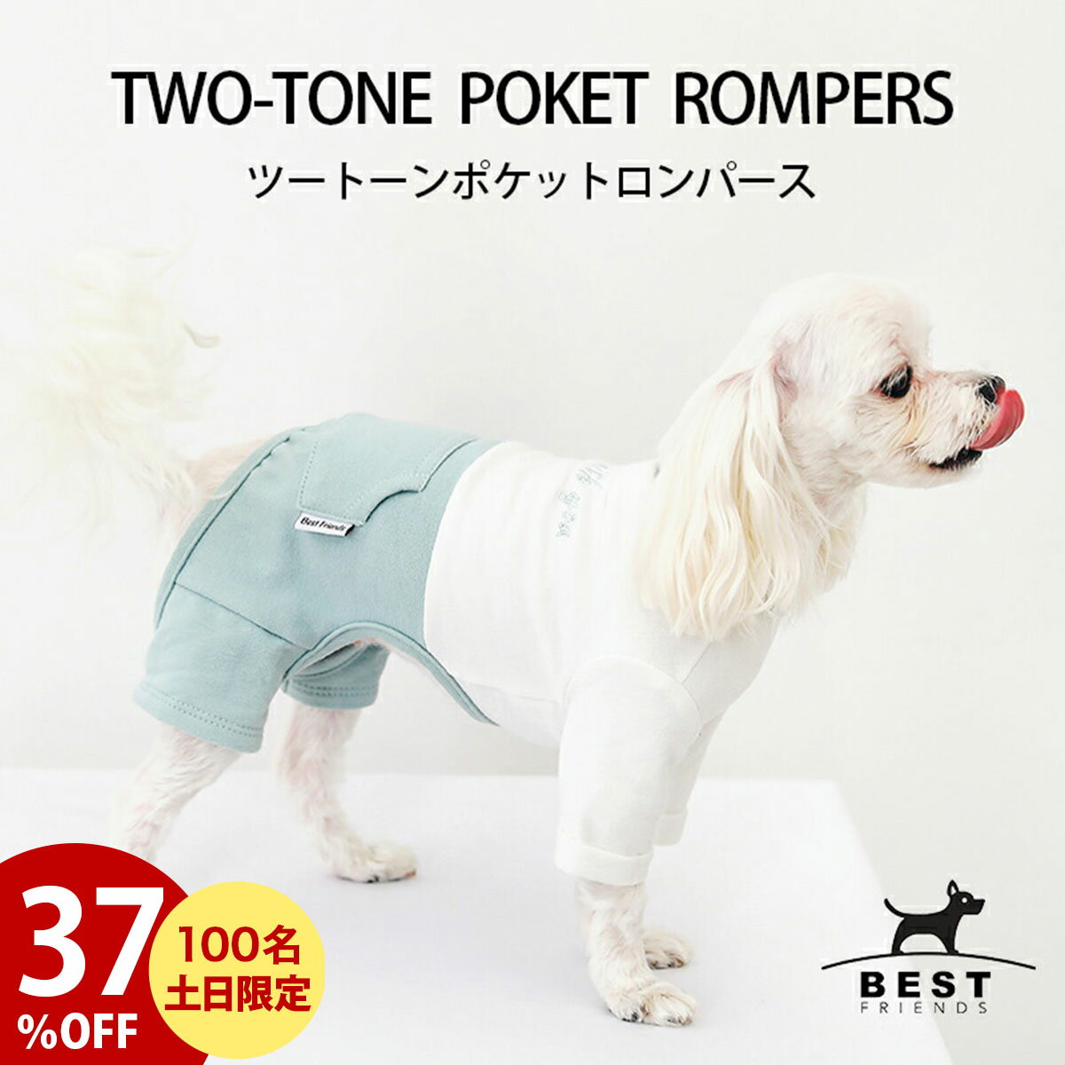【SALE買いまわり★最大44.5倍】 【スーパーSALE】ツートーンポケットロンパース S M L XL XXL 全2色【ロンパース かわいい おしゃれ 秋 冬 ロールアップ 刺繍 パステル 抜け毛対策 小型犬 カバーオール つなぎ】【犬服 犬 服 犬の服 ドッグウェア ベストフレンズ】のサムネイル