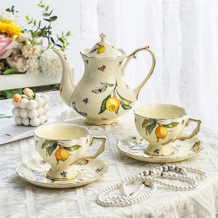 Rakuten - ポット セット おしゃれ　レモン柄　花柄　コーヒーポット コーヒーカップ 3点セット　珈琲ポット　陶器/茶器/食器/お茶 茶道具/洋食器セット/ティーセット/ポット/家庭用/会社用/湯のみ/来客/お客様用/ギフト/贈り物/お祝い/プレゼント