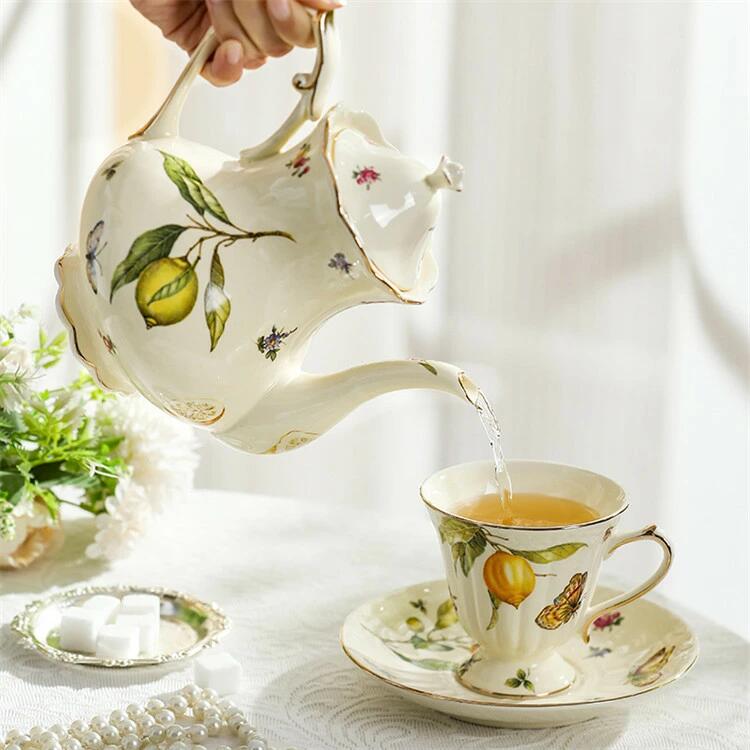 ポット セット おしゃれ　レモン柄　花柄　コーヒーポット コーヒーカップ 3点セット　珈琲ポット　陶器/茶器/食器/お茶 茶道具/洋食器セット/ティーセット/ポット/家庭用/会社用/湯のみ/来客/お客様用/ギフト/贈り物/お祝い/プレゼント 2