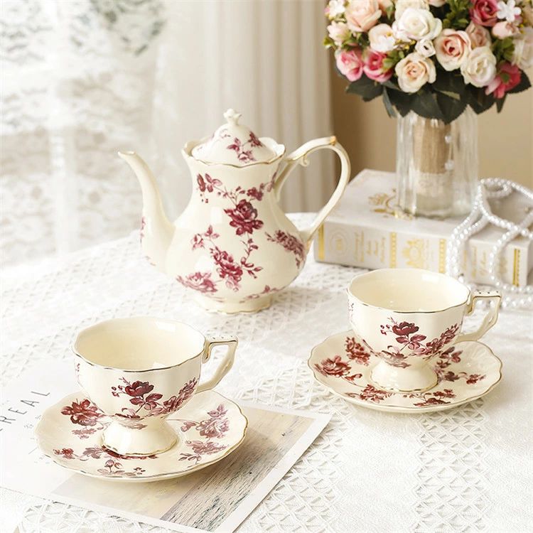 ポット セット おしゃれ　ブルー　レッド　花柄　コーヒーポット コーヒーカップ 3点セット　珈琲ポット　陶器/茶器/食器/お茶 茶道具/洋食器セット/ティーセット/ポット/家庭用/会社用/湯のみ/来客/お客様用/ギフト/贈り物/お祝い/プレゼント 2