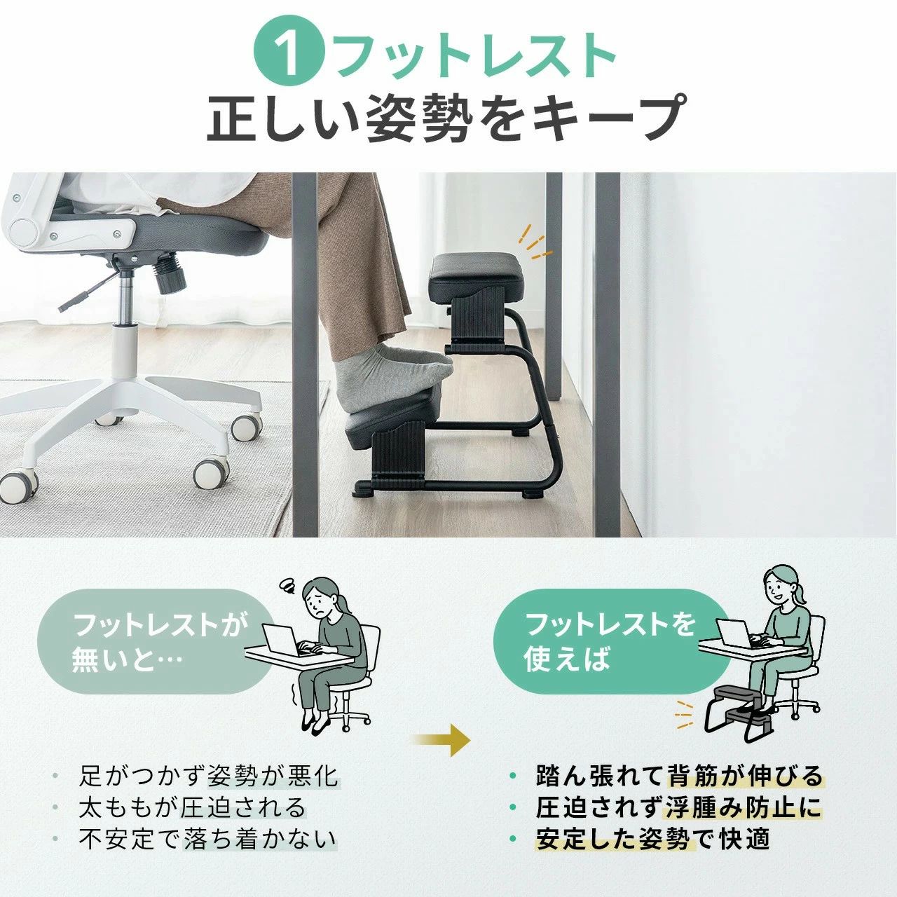 3WAY フットレスト 極厚クッション 足置き 足置き台 3段階高さ調整 無段階 角度調...