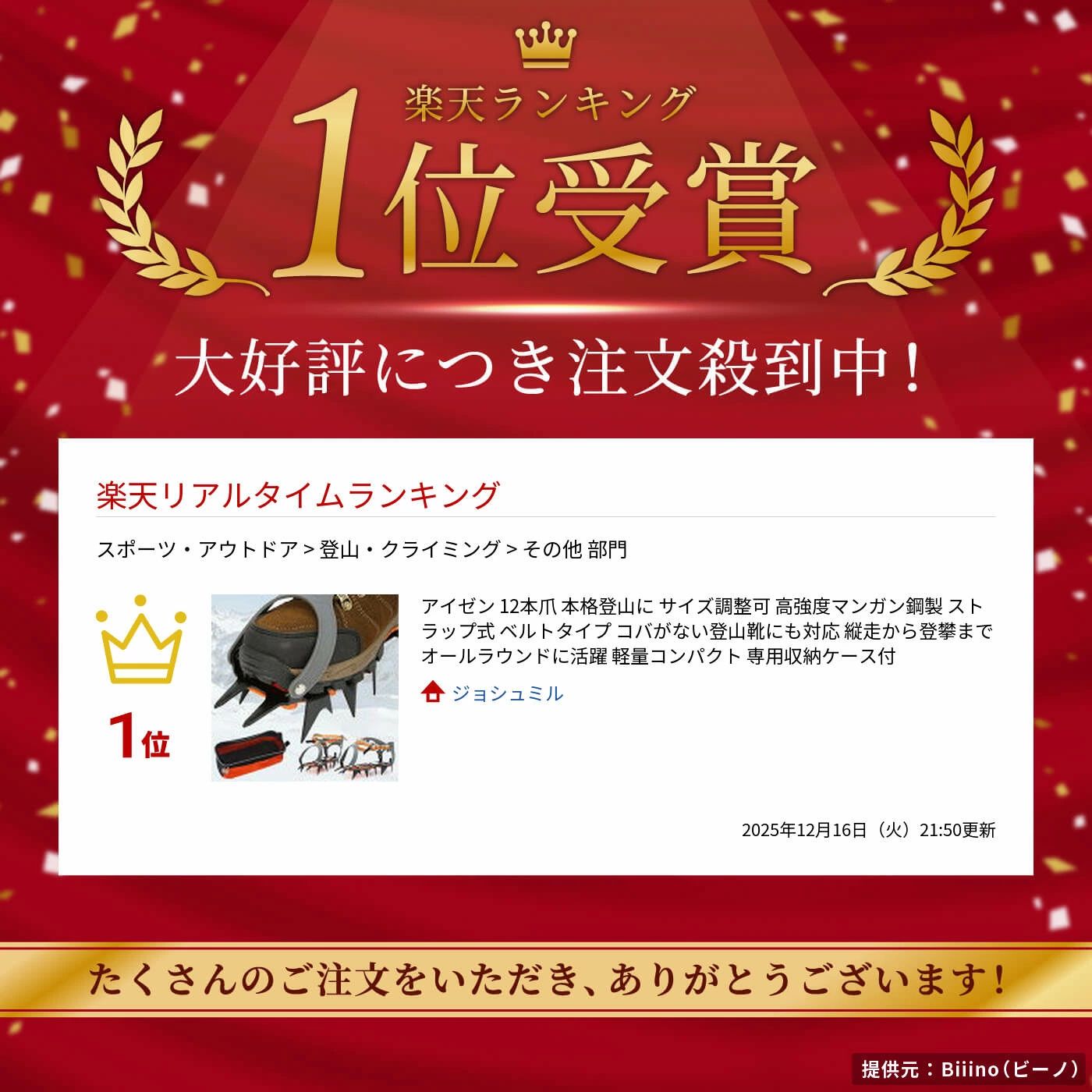 クロノウェルシスの★楽天1位★アイゼン 12本爪 本格登山に サイズ調整可 高強度マンガン鋼製 ストラップ式 ベルトタイプ コバがない登山靴にも対応 縦走から登攀までオールラウンドに活躍 軽量コンパクト 専用収納ケース付｜アングル2
