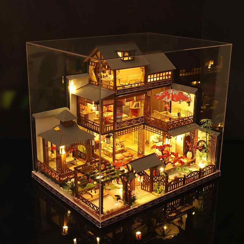 DIYミニチュアハウス 雅泉の庭 和風 古風 建築模型 木製 手作りキット 組み立て玩具 ダストカバー付き 誕生日プレゼント 大人向け ホビー