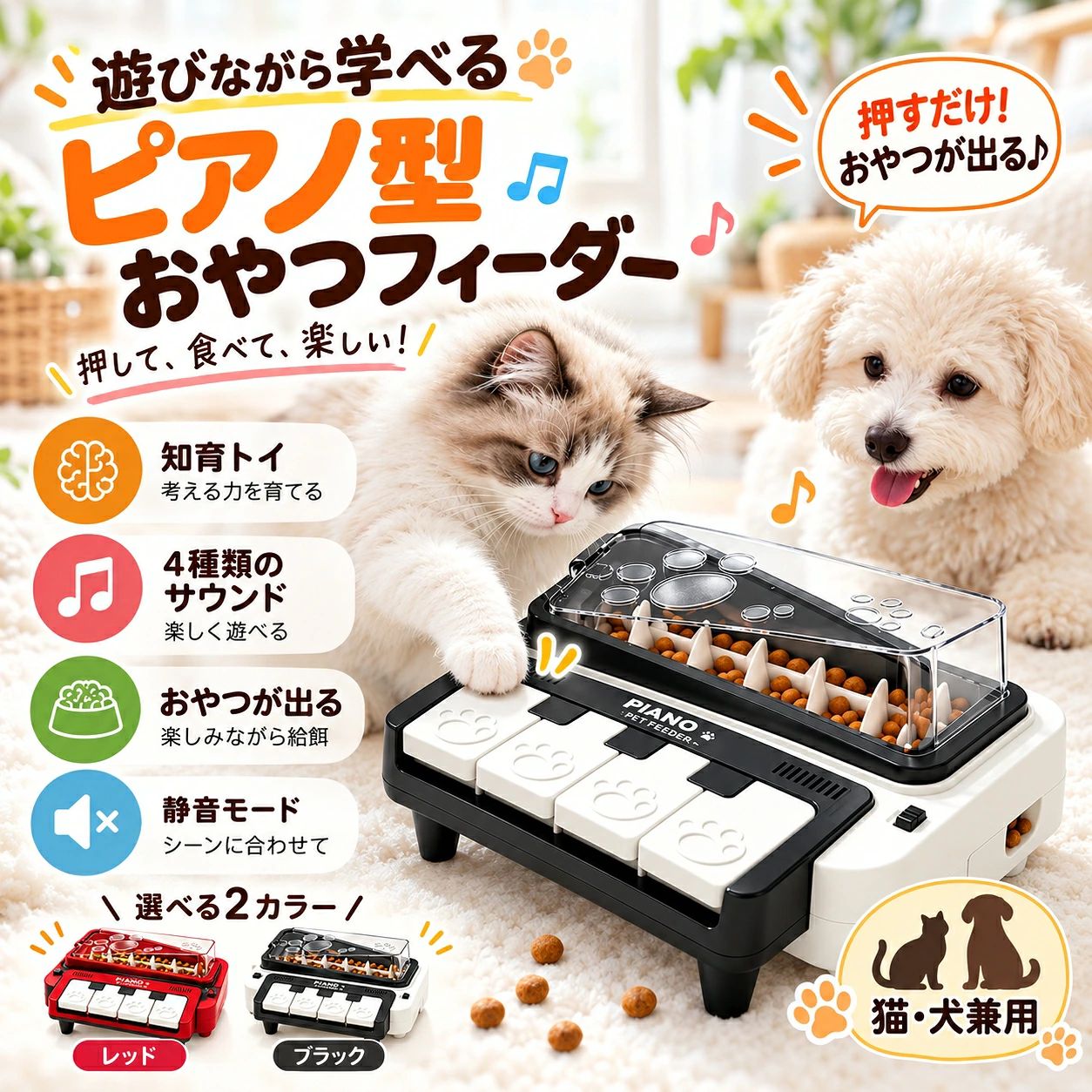 鍵盤を押すとフードが出るピアノ型ペットおもちゃ 4種類のサウンド切替とらせん式給餌構造で食事と遊びを楽しめる2カラー展開商品説明文いつもの食事やおやつの時間を、もっと楽しく。鍵盤を押すとフードが出てくる、ピアノ型のペット用おもちゃフィーダーです。本体前面の鍵盤をペットが押すと、内部のらせん式機構によってフードが送り出されます。フードを一度にまとめて食べるのではなく、鍵盤を操作しながら少しずつ取り出す仕組みで、食事に遊びの要素を取り入れられます。4種類のサウンド切替機能を搭載しており、音を鳴らしながら鍵盤遊びを楽しめます。愛犬や愛猫が前足や鼻先で鍵盤に触れるなど、遊び方を工夫しながら使用できます。上部には透明なフードタンクを備え、内部のフード残量を確認しやすい設計。タンクは取り外し可能で、日常のお手入れにも便利です。底面には滑り止めパッドを配置し、室内の床面で使用する際のズレを軽減します。カラーはブラックとレッドの2種類。愛犬や愛猫の食事時間に取り入れやすい、遊びと給餌を組み合わせたペット用品です。製品仕様商品名：ピアノ型ペットおもちゃフィーダー素材：ABS樹脂サイズ：約19.5×19.5cm（画像記載寸法）カラー：ブラック、レッド仕様：鍵盤操作式、らせん式給餌機構、4種類のサウンド切替、取り外し可能なフードタンク、滑り止めパッド付き適用：犬、猫セット内容：ピアノ型ペットおもちゃフィーダー本体1個商品のおすすめポイントPOINT1 鍵盤を押してフードを取り出す給餌構造本体前面の鍵盤を押すことで、内部のらせん式機構がフードを送り出す仕組みです。ペットが操作しながら少しずつフードを取り出せるため、食事に遊びの要素を取り入れられます。フードの形状や大きさによって排出量は異なります。POINT2 食事を楽しめるピアノ型デザインピアノをモチーフにしたユニークな形状で、前足や鼻先を使った鍵盤遊びを楽しめます。普段のフードやおやつを使いながら、ペットの興味に合わせて遊べる設計です。初めて使用する際は、飼い主様が操作方法を教えながら慣れさせてください。POINT3 4種類のサウンド切替機能本体には4種類のサウンドモードを搭載しています。音を切り替えながら、いつもとは違った鍵盤遊びを楽しめるのが特徴です。音の種類や聞こえ方には個体差や使用環境による違いがあり、音を苦手とするペットには無理に使用させないでください。POINT4 ペットとのふれあい時間に便利飼い主様が鍵盤の操作を見せたり、フードが出る仕組みを一緒に確認したりしながら遊べます。ペットの興味や習熟度に合わせて、少しずつ操作に慣れさせられるため、日常のふれあい時間にも取り入れやすいアイテムです。POINT5 滑り止めパッドでズレを軽減本体底面には滑り止めパッドを備えています。ペットが鍵盤を押す際に本体が動きにくいよう配慮した構造です。床材や設置面の状態によって滑りやすさは異なるため、平らで安定した場所に設置してください。POINT6 フードタンクが取り外せてお手入れしやすい上部の透明なフードタンクは取り外し可能です。フードの残量を確認しやすく、補充や内部のお手入れにも便利。分解可能な部分を取り外して清掃できるため、毎日使用する給餌用品として管理しやすい仕様です。POINT7 室内でも使いやすいコンパクトな設計床に置いて使用できる卓上サイズのペットフィーダーです。リビングなどの室内に設置しやすく、普段の食事やおやつの時間に活用できます。使用時はペットが安全に操作できるスペースを確保してください。POINT8 選べるブラックとレッドの2カラーカラーはブラックとレッドの2種類をご用意しました。ピアノ型のかわいらしいデザインで、ペット用品としてだけでなく、お部屋にも楽しいアクセントを加えます。お好みのカラーからお選びいただけます。注意事項本商品はペットが鍵盤を操作してフードを取り出す給餌補助用品です。知能や運動能力の向上、ストレスの解消、早食いの防止などを保証するものではありません。ペットの性格や習熟度によっては、操作方法を覚えられない場合があります。本体にはABS樹脂を使用しています。強い衝撃や落下、噛みつきなどによって破損する場合があります。破損した部品を誤飲するおそれがあるため、亀裂や変形、部品の脱落が確認された場合は使用を中止してください。商品サイズは画像に記載された参考寸法です。採寸方法や製造工程によって1〜2cm程度の誤差が生じる場合があります。設置予定場所のスペースをご確認のうえご購入ください。使用するフードは、らせん式給餌機構に適した粒の大きさや形状のものをお選びください。フードの種類によっては詰まりや排出不良が生じる場合があります。湿ったフードや粘着性のある食品、サイズの大きいフードなどは使用を避けてください。本商品は電子部品を含むため、本体を水に浸したり、水を直接かけたりしないでください。お手入れの際は電源を切り、取り外し可能なフードタンクなどを清掃してください。電子部分は乾いた布で拭き、十分に乾燥させてから使用してください。サウンド機能を使用する際は、ペットが音に驚いたり、不安を感じたりしないようご注意ください。音を苦手とするペットには無理に使用させず、使用中は必ず飼い主様が様子を確認してください。また、鍵盤部分に前足や爪が挟まらないようご注意ください。本商品は通常の食器や自動給餌機の代用品として、決められた食事量を正確に管理する用途には適していません。フードの排出量は粒の大きさや操作方法によって異なります。食事量や栄養管理は飼い主様が行い、食事制限が必要なペットには獣医師の指示に従って使用してください。商品画像はできる限り実物に近い色合いで掲載しておりますが、撮影時の照明やモニター設定によって実際の商品と色味が異なって見える場合があります。画像に写っている犬、猫、フード、その他の撮影用小物は付属しておりません。商品到着後は使用前に本体や可動部分の状態をご確認いただき、不具合がございましたら販売店までお問い合わせください。鍵盤を押すとフードが出るピアノ型ペットおもちゃ 4種類のサウンド切替とらせん式給餌構造で食事と遊びを楽しめる2カラー展開商品説明文いつもの食事やおやつの時間を、もっと楽しく。鍵盤を押すとフードが出てくる、ピアノ型のペット用おもちゃフィーダーです。本体前面の鍵盤をペットが押すと、内部のらせん式機構によってフードが送り出されます。フードを一度にまとめて食べるのではなく、鍵盤を操作しながら少しずつ取り出す仕組みで、食事に遊びの要素を取り入れられます。4種類のサウンド切替機能を搭載しており、音を鳴らしながら鍵盤遊びを楽しめます。愛犬や愛猫が前足や鼻先で鍵盤に触れるなど、遊び方を工夫しながら使用できます。上部には透明なフードタンクを備え、内部のフード残量を確認しやすい設計。タンクは取り外し可能で、日常のお手入れにも便利です。底面には滑り止めパッドを配置し、室内の床面で使用する際のズレを軽減します。カラーはブラックとレッドの2種類。愛犬や愛猫の食事時間に取り入れやすい、遊びと給餌を組み合わせたペット用品です。製品仕様商品名：ピアノ型ペットおもちゃフィーダー素材：ABS樹脂サイズ：約19.5×19.5cm（画像記載寸法）カラー：ブラック、レッド仕様：鍵盤操作式、らせん式給餌機構、4種類のサウンド切替、取り外し可能なフードタンク、滑り止めパッド付き適用：犬、猫セット内容：ピアノ型ペットおもちゃフィーダー本体1個商品のおすすめポイントPOINT1 鍵盤を押してフードを取り出す給餌構造本体前面の鍵盤を押すことで、内部のらせん式機構がフードを送り出す仕組みです。ペットが操作しながら少しずつフードを取り出せるため、食事に遊びの要素を取り入れられます。フードの形状や大きさによって排出量は異なります。POINT2 食事を楽しめるピアノ型デザインピアノをモチーフにしたユニークな形状で、前足や鼻先を使った鍵盤遊びを楽しめます。普段のフードやおやつを使いながら、ペットの興味に合わせて遊べる設計です。初めて使用する際は、飼い主様が操作方法を教えながら慣れさせてください。POINT3 4種類のサウンド切替機能本体には4種類のサウンドモードを搭載しています。音を切り替えながら、いつもとは違った鍵盤遊びを楽しめるのが特徴です。音の種類や聞こえ方には個体差や使用環境による違いがあり、音を苦手とするペットには無理に使用させないでください。POINT4 ペットとのふれあい時間に便利飼い主様が鍵盤の操作を見せたり、フードが出る仕組みを一緒に確認したりしながら遊べます。ペットの興味や習熟度に合わせて、少しずつ操作に慣れさせられるため、日常のふれあい時間にも取り入れやすいアイテムです。POINT5 滑り止めパッドでズレを軽減本体底面には滑り止めパッドを備えています。ペットが鍵盤を押す際に本体が動きにくいよう配慮した構造です。床材や設置面の状態によって滑りやすさは異なるため、平らで安定した場所に設置してください。POINT6 フードタンクが取り外せてお手入れしやすい上部の透明なフードタンクは取り外し可能です。フードの残量を確認しやすく、補充や内部のお手入れにも便利。分解可能な部分を取り外して清掃できるため、毎日使用する給餌用品として管理しやすい仕様です。POINT7 室内でも使いやすいコンパクトな設計床に置いて使用できる卓上サイズのペットフィーダーです。リビングなどの室内に設置しやすく、普段の食事やおやつの時間に活用できます。使用時はペットが安全に操作できるスペースを確保してください。POINT8 選べるブラックとレッドの2カラーカラーはブラックとレッドの2種類をご用意しました。ピアノ型のかわいらしいデザインで、ペット用品としてだけでなく、お部屋にも楽しいアクセントを加えます。お好みのカラーからお選びいただけます。注意事項本商品はペットが鍵盤を操作してフードを取り出す給餌補助用品です。知能や運動能力の向上、ストレスの解消、早食いの防止などを保証するものではありません。ペットの性格や習熟度によっては、操作方法を覚えられない場合があります。本体にはABS樹脂を使用しています。強い衝撃や落下、噛みつきなどによって破損する場合があります。破損した部品を誤飲するおそれがあるため、亀裂や変形、部品の脱落が確認された場合は使用を中止してください。商品サイズは画像に記載された参考寸法です。採寸方法や製造工程によって1〜2cm程度の誤差が生じる場合があります。設置予定場所のスペースをご確認のうえご購入ください。使用するフードは、らせん式給餌機構に適した粒の大きさや形状のものをお選びください。フードの種類によっては詰まりや排出不良が生じる場合があります。湿ったフードや粘着性のある食品、サイズの大きいフードなどは使用を避けてください。本商品は電子部品を含むため、本体を水に浸したり、水を直接かけたりしないでください。お手入れの際は電源を切り、取り外し可能なフードタンクなどを清掃してください。電子部分は乾いた布で拭き、十分に乾燥させてから使用してください。サウンド機能を使用する際は、ペットが音に驚いたり、不安を感じたりしないようご注意ください。音を苦手とするペットには無理に使用させず、使用中は必ず飼い主様が様子を確認してください。また、鍵盤部分に前足や爪が挟まらないようご注意ください。本商品は通常の食器や自動給餌機の代用品として、決められた食事量を正確に管理する用途には適していません。フードの排出量は粒の大きさや操作方法によって異なります。食事量や栄養管理は飼い主様が行い、食事制限が必要なペットには獣医師の指示に従って使用してください。商品画像はできる限り実物に近い色合いで掲載しておりますが、撮影時の照明やモニター設定によって実際の商品と色味が異なって見える場合があります。画像に写っている犬、猫、フード、その他の撮影用小物は付属しておりません。商品到着後は使用前に本体や可動部分の状態をご確認いただき、不具合がございましたら販売店までお問い合わせください。