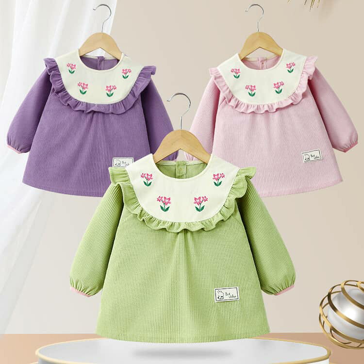 ベビースモック 防水 長袖 スモック エプロン 女の子用 コーデュロイ プリンセス風...