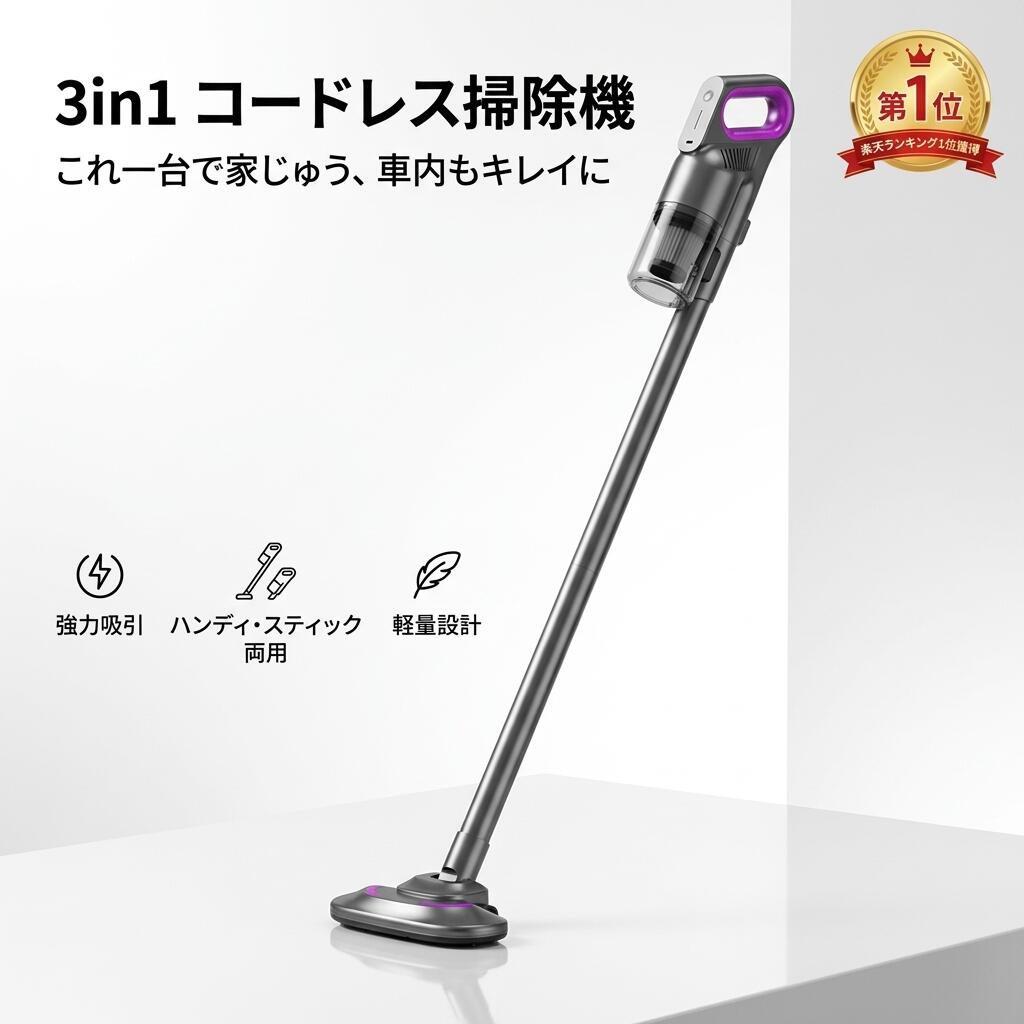 Rakuten - コードレス掃除機 3in1多機能 ダニ除去対応 ハンディ＆スティック両用 強力吸引 軽量設計 車用・家庭用対応 ワイヤレス掃除機 コンパクト収納 静音設計 お手入れ簡単 高性能モデル