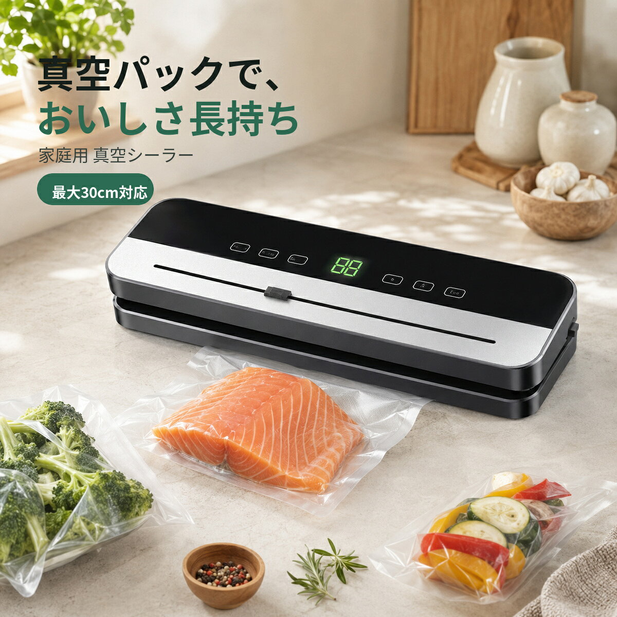 食材の鮮度を長持ちさせる、家庭用真空パック機です。 袋の中の空気をしっかり吸引して密封し、冷蔵・冷凍保存や作り置き、まとめ買いした食材の保存に便利です。 肉・魚・野菜・ナッツ・豆類・コーヒー豆など、さまざまな食品に対応します。 【主な特徴】 ・自動脱気＆密封 ・乾燥食材 / 湿った食材に対応 ・最大約30cm幅の袋に対応 ・約3mm幅の密封ライン ・内蔵スライドカッター付き ・タッチ操作＆LEDデジタル表示 ・取り外し可能な液受けトレー 【おすすめ用途】 冷蔵保存 / 冷凍保存 / 作り置き / 下味冷凍 / 食材の小分け / まとめ買い食材の保存 【商品仕様】 ・本体サイズ：約35.6×11×5.5cm ・対応袋幅：最大約30cm ・定格電圧：AC100～240V ・本体素材：ABS ・操作方式：タッチ式 ※食材に合った真空包装袋をご使用ください。 ※液体そのものや汁気の多い食品は、状態に合わせてご使用ください。 ※真空包装は加熱殺菌ではありません。保存後は食材に適した方法で冷蔵・冷凍してください。 フードシーラー、家庭用真空パック機として、毎日の食品保存を手軽にサポートします。