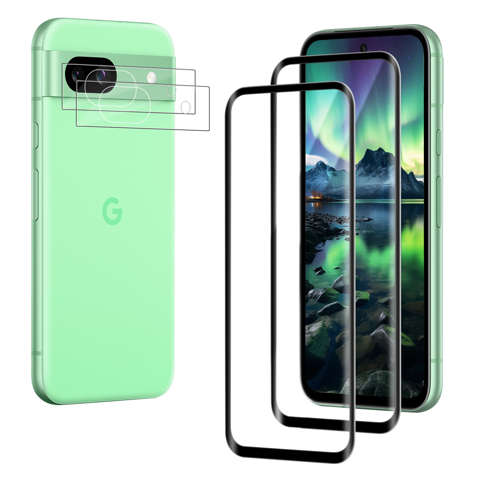 CYNOVA フィルム for Google Pixel 8A ガラスフィルム 2枚 + Pixel 8A カメラフィルム 2枚 全面保護 硬度10H ガイド枠付き Pixel 8A 強化ガラス Google Pixel 8A 保護フィルム 気泡防止