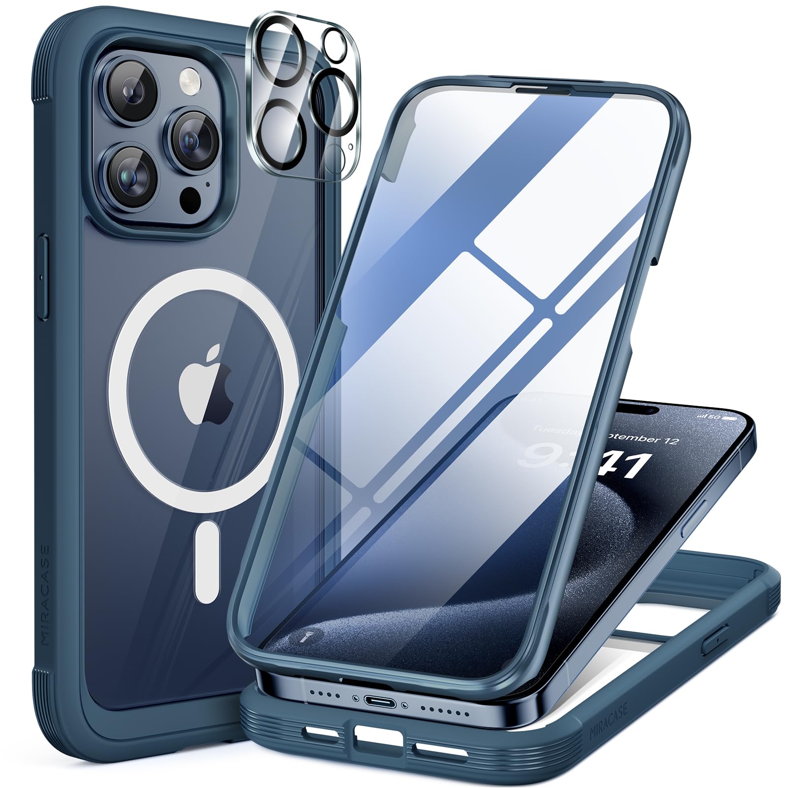 Miracase iPhone15pro 用 ケース MagSafe対応 9H 強化ガラス 360°保護 スマホ カバー 全身バンパー保護 6.1インチ フルカバー ワイヤレス充電/マグセーフ対応 マグネット搭載 ストームブルー