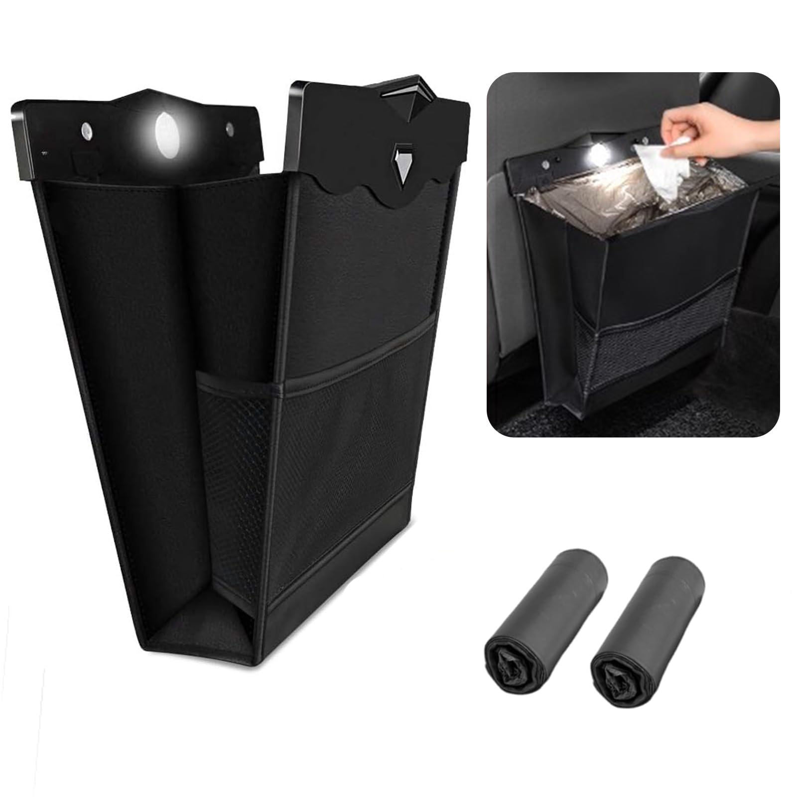 YuraYura 車用ゴミ箱 車載ごみ箱 車 ゴミ箱 車用小物入れ 大容量 収納ボックス【多車種対応フック】 後部座席収納 マグネット LEDライト 車用ごみ箱 収納ボックス 引っ掛け式 便利グッズ PU製 防水 折り畳み式 コンパクト 省スペース 倒れない カー用品 便利 2個ごみ袋付き