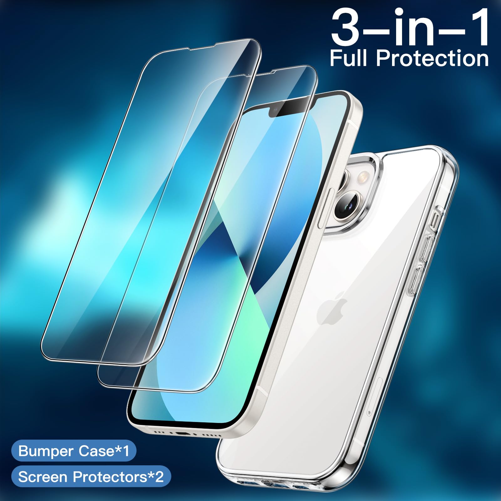 JETech 3 in 1 iPhone 13 6.1 インチ用 ケース 2枚強化ガラスフィルム付き 黄ばまない 耐衝撃バンパー スマホカバー (クリア)