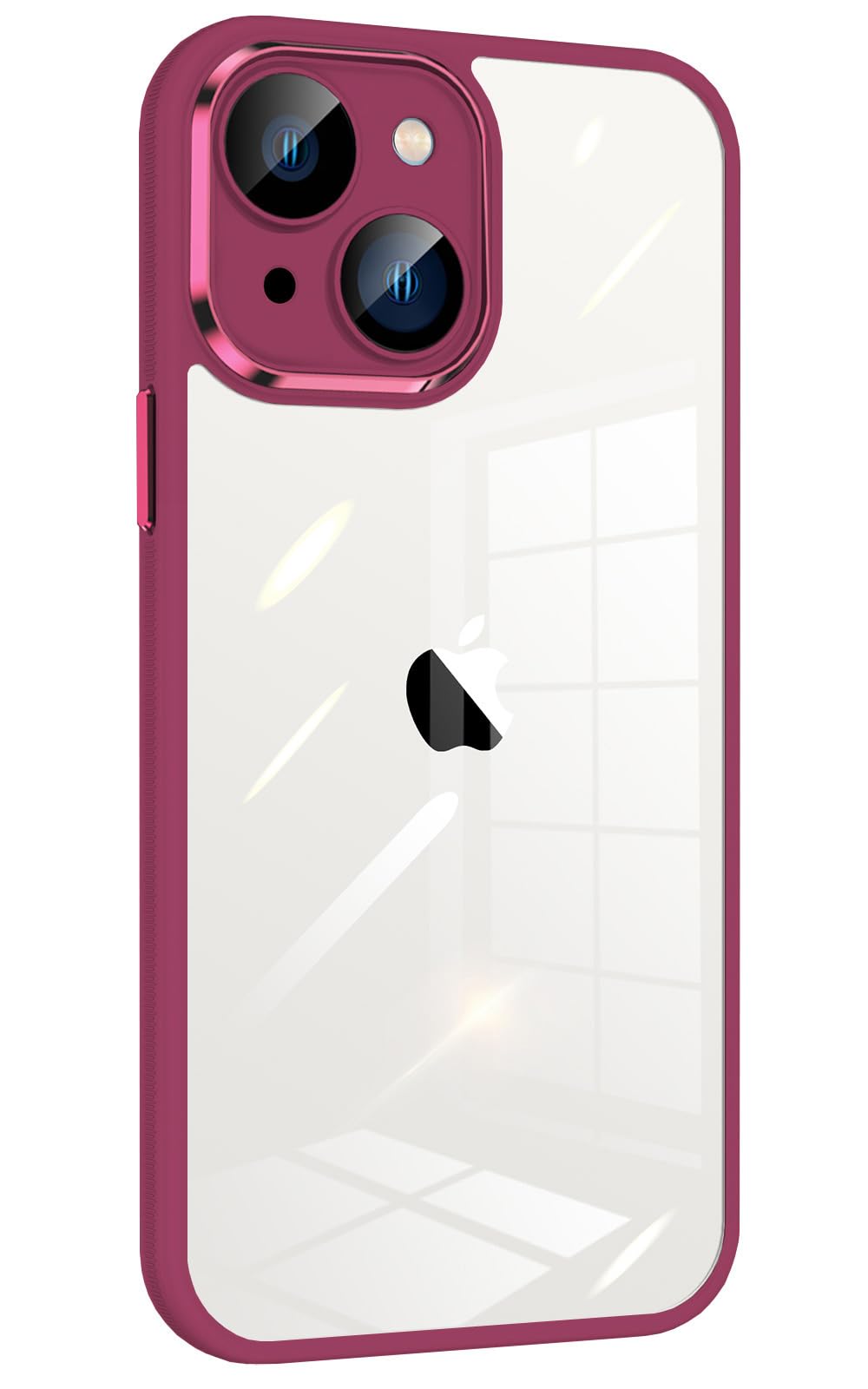 Donocao iPhone15ケース クリア 薄型 シリコン耐衝撃 カメラカバー付き ガラスフィルムレンズ保護 透明アクリル背面プレート 御洒落なメッキ金属キー＆リング 指紋防止 黄変防止 防水防塵 可愛い 御洒落 アイフォン15ケース ダークレッド