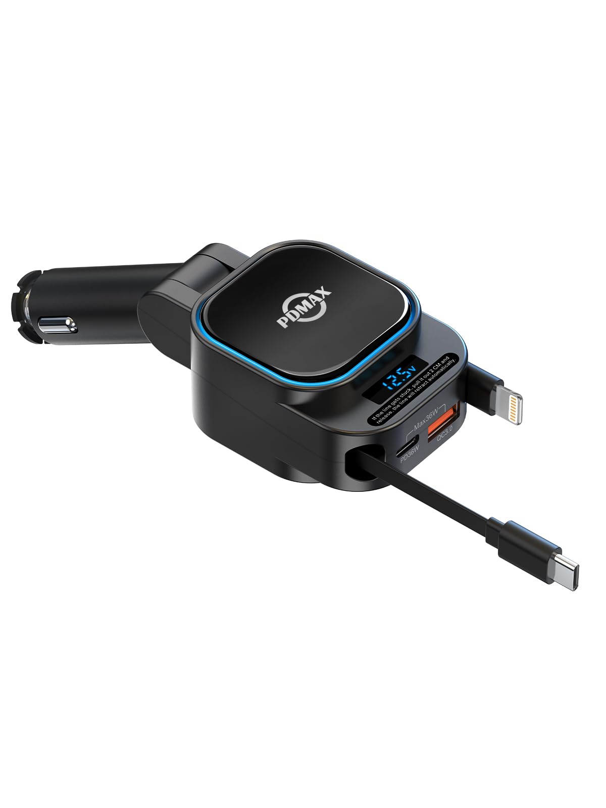 PDMAX 4in1 車載充電器 シガーソケット 96W USB 巻き取り式超急速充電カーチャージャー、USBケーブル2本付き(USB-C & Lightning)＆LEDの表示燈、USBポート2つ搭載 - iPhone16/15/14/13/12、Sharp AQUOS R9 /Wish 4/R8 Pr