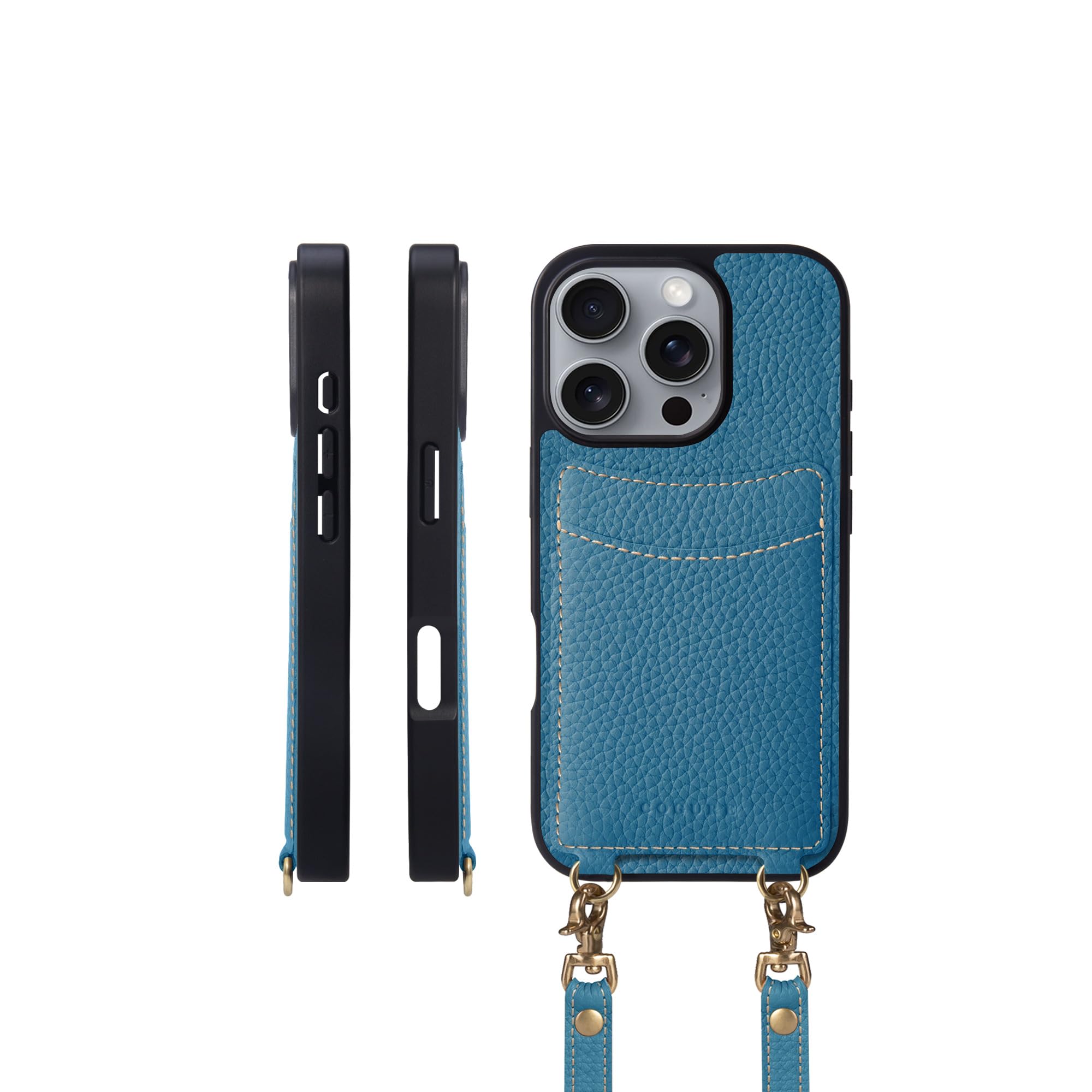 COGURE コグレ iPhone16Pro ケース ショルダーストラップ 本革 カード収納 落下防止 耐衝撃 ギフトボックス付き COPGCS シアン