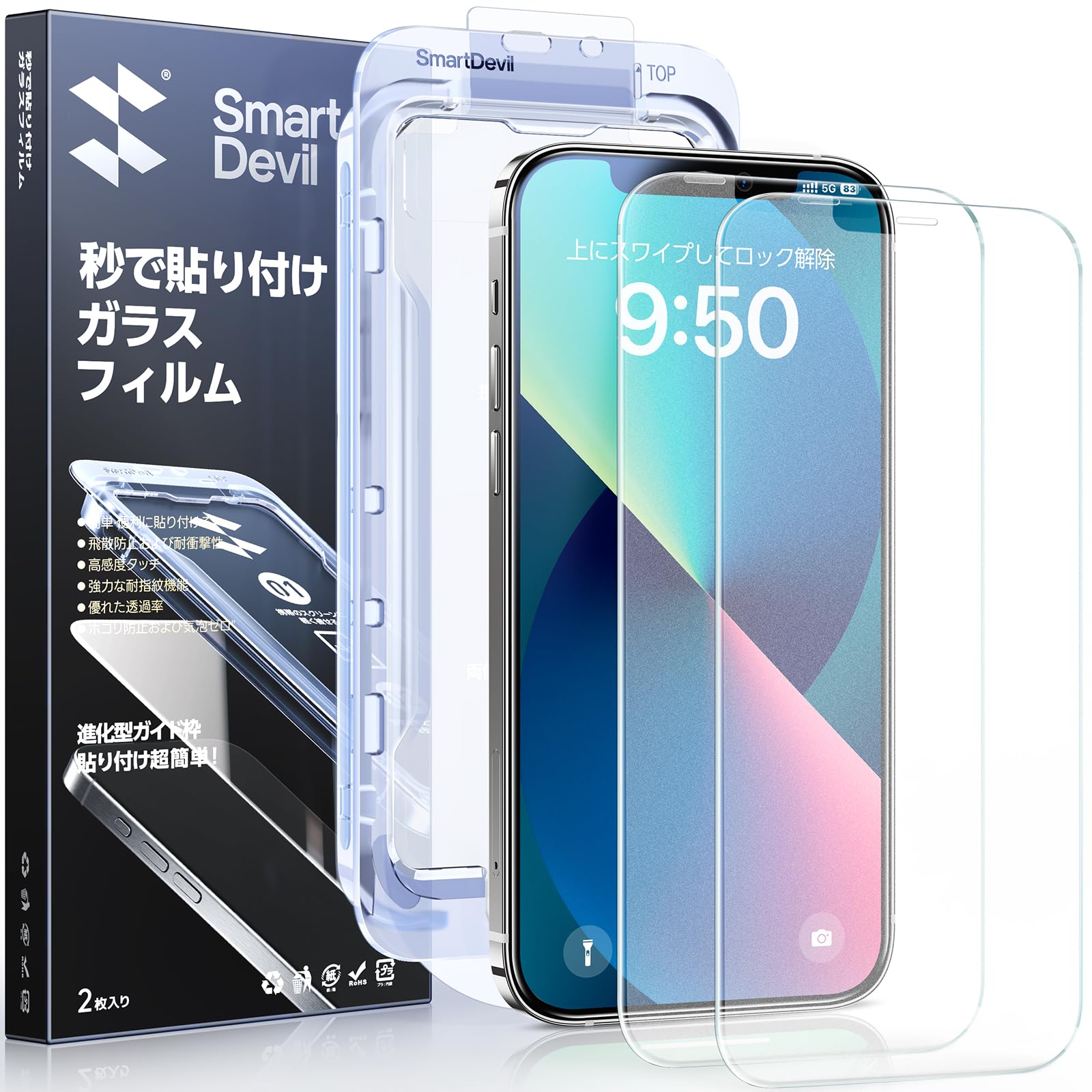 「画期的なガイド枠」SmartDevil iPhone 13 mini 用アンチグレア ガラスフィルム 非光沢 耐衝撃 保護フィルム 反射防止 遮光 サラサラな手触り 米軍MIL規格 落下保護 気泡ゼロ 指紋防止 アイフォン