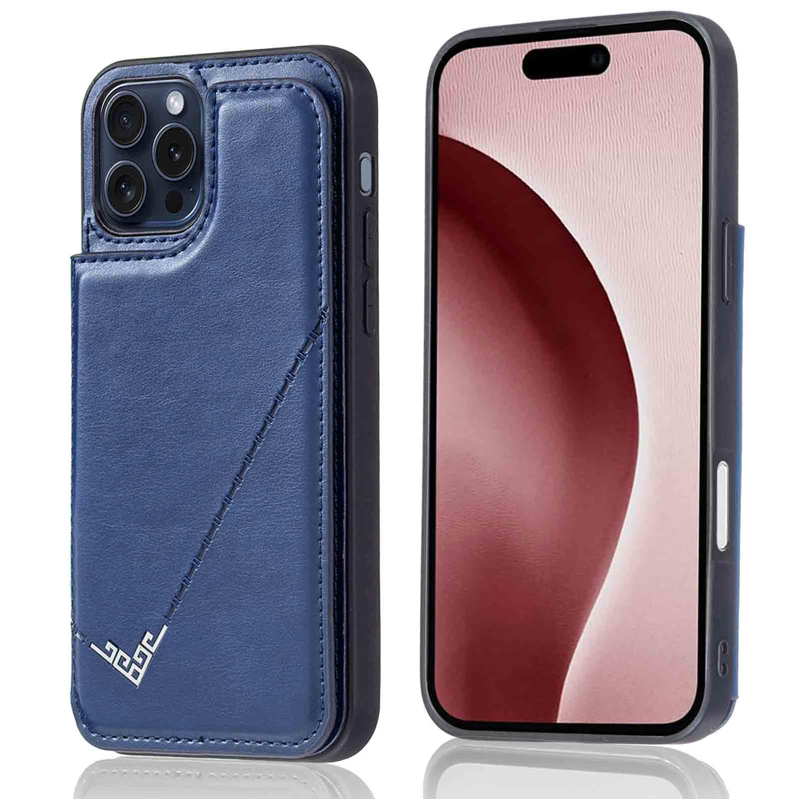 【Geshh】iPhone 16 PRO 6.1 inch(6.1インチ)レザーケース(ネイビーブルー) 耐衝撃 財布型カバー カード収納 横置きスタンド機能 内蔵マグネット 開閉式 ストラップ付き 対応アップル アイフォン16プ