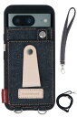 NeedNetwork 岡山デニム Google Pixel 8a 用 ケース 肩掛け ストラップ付き 耐衝撃 ヌメ革 リングスリム 薄型 斜めかけ 首かけ ショルダー スタンド機能 カードホルダー