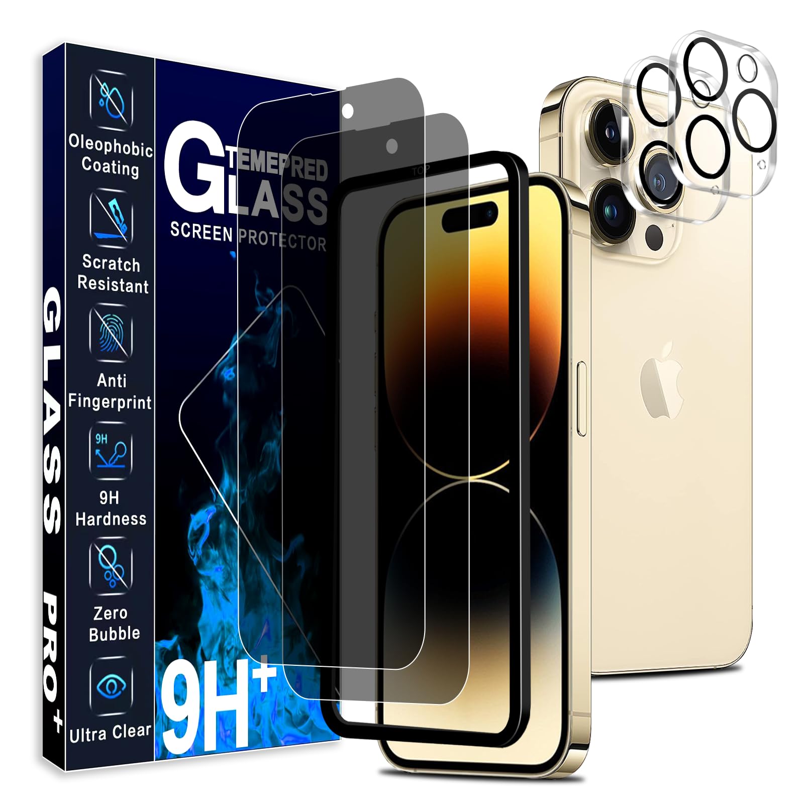 対応 iPhone 14 Pro ガラスフィルム 覗き見防止 【国産旭硝子素材製—2枚のぞき見防止 フィルム+2枚カメラレンズフィルム+ガイド枠付き】 iPhone14 Pro 保護フィルム のぞき見防止 アイホン 14プロ