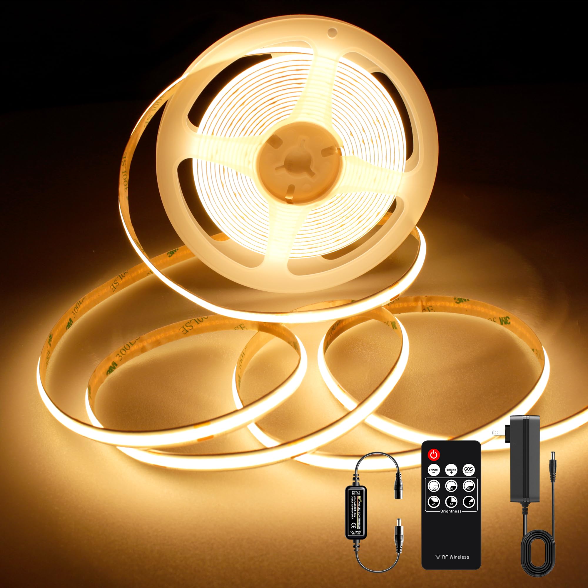 AXMOTUT COB LEDテープライト3m 24V 電球色 2700K 高輝度 調光可能 高密度 フレキシブル LEDテープライト 付きRF リモートおよび PSE認証電源 切断可能 取付簡単 工具不要 非防水 店舗 室内 ホーム装飾