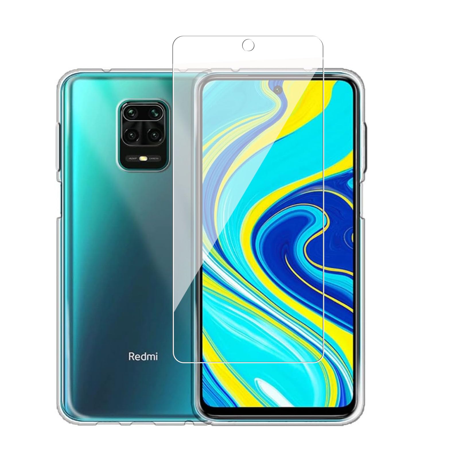 対応 Xiaomi Redmi Note 9 S/Xiaomi Redmi Note 9 Pro 用の ケース + ガラスフィルム 日本旭硝子製 フィルム 強化ガラス 硬度9H 高透過率 飛散防止 指紋防止 気泡ゼロ 自動吸着 貼り付け簡単 【柔軟 TPU カバ