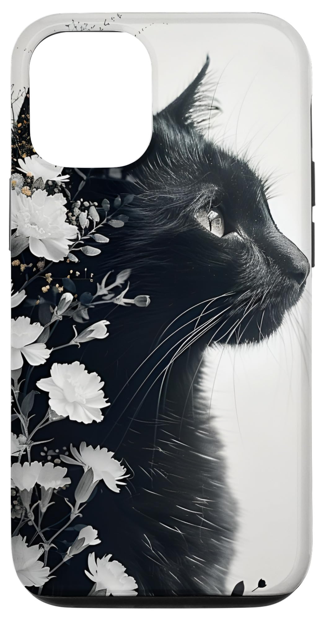 iPhone 15 カーネーションフラワーの黒猫モチーフ スマホケース