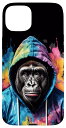 iPhone 15 Plus ゴリラ、パーカー、猿、カラフル、動物プリント スマホケース
