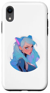 iPhone XR 猫の耳をかぶった青い髪のアニメとマンガ風の少女 スマホケース