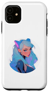 iPhone 11 猫の耳をかぶった青い髪のアニメとマンガ風の少女 スマホケース