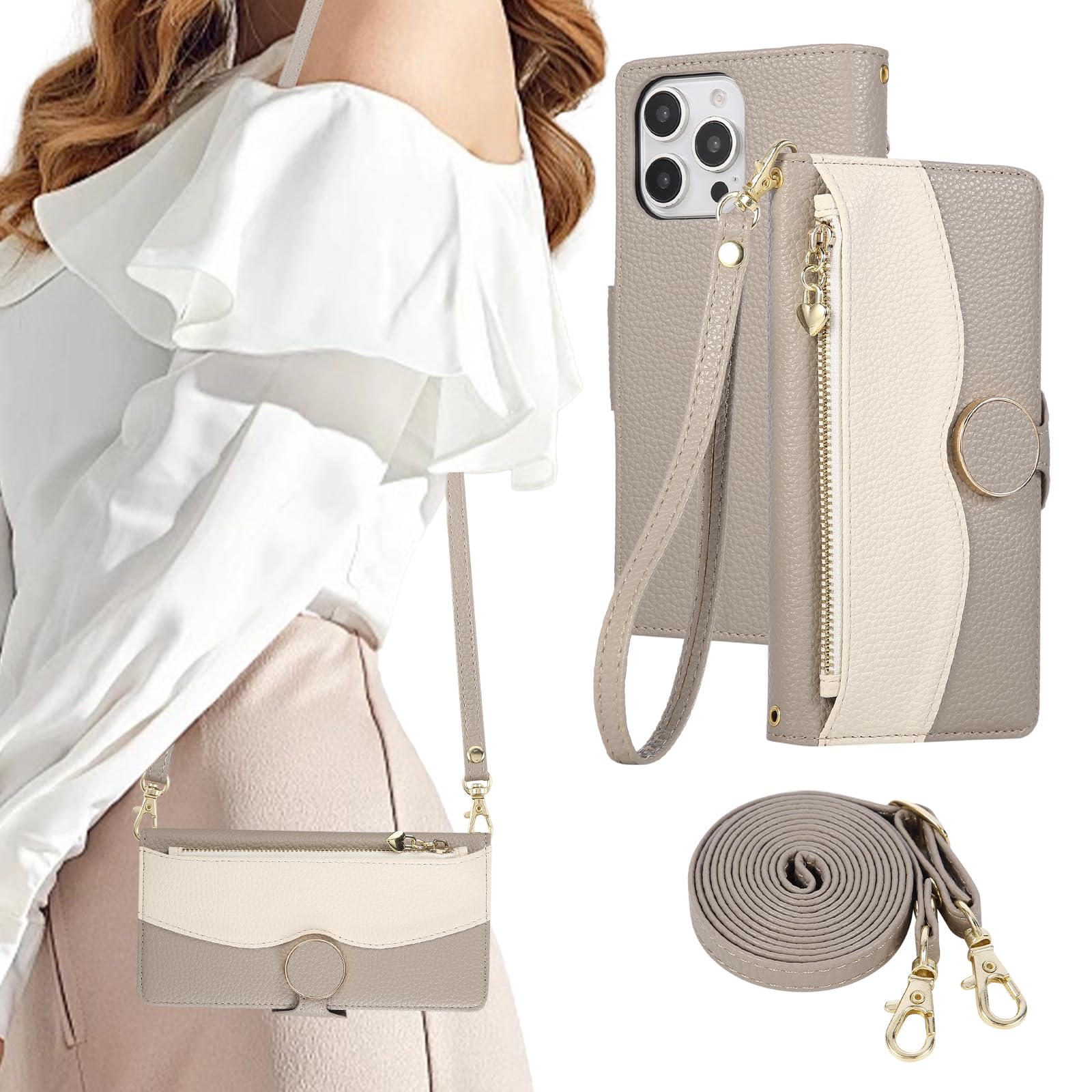 KW-LINK iPhone XS Max ケース 手帳型 ショルダー スマホケース iphonexsmaxケース おしゃれ 2色パッチワーク 携帯カバーアイフォンxs max ケースカバー 小銭入れ カード収納 ジップ付き 財布型 iphonexs m