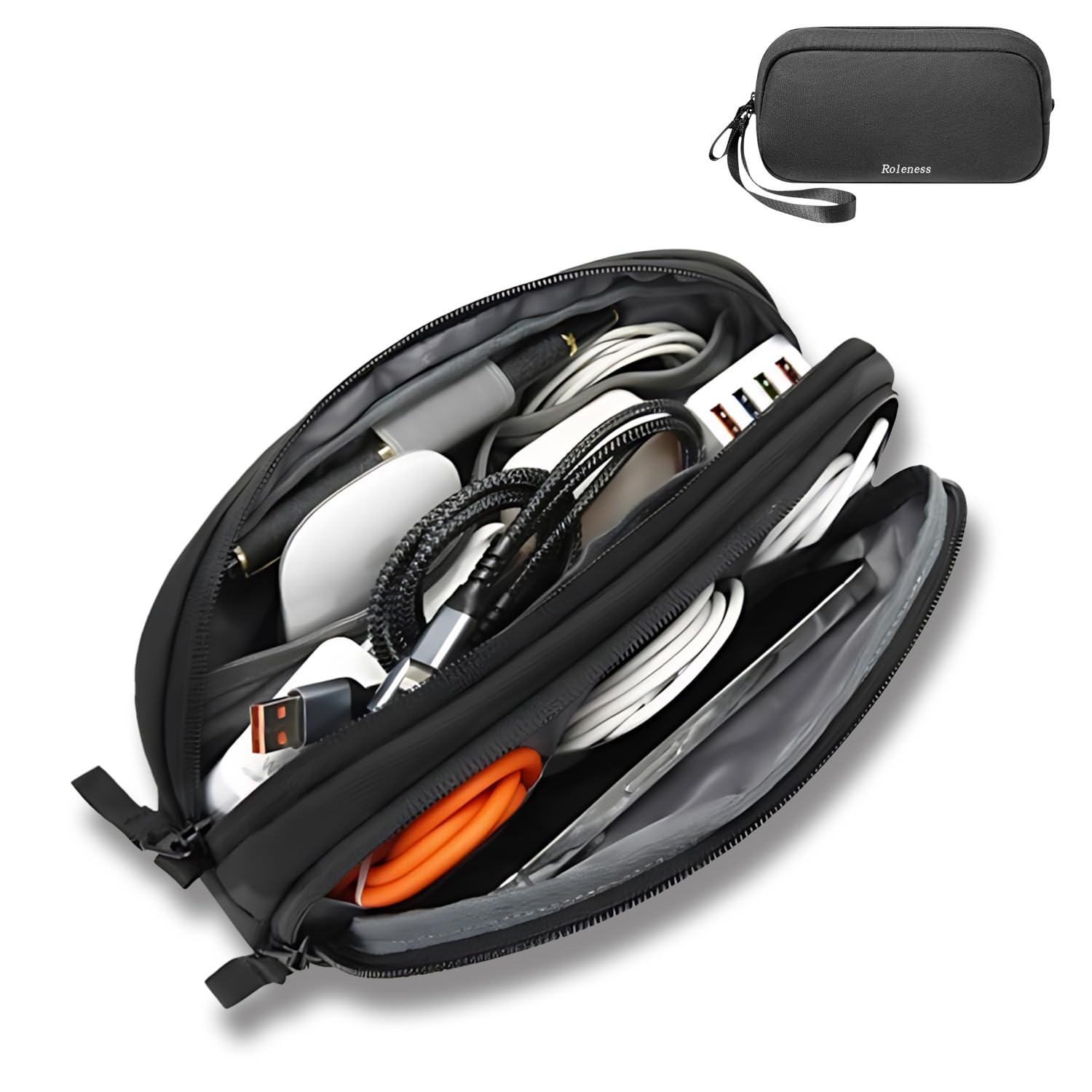 Roleness ガジェットポーチ PC周辺小物入れポーチ 充電器 ケーブル モバイルバッテリー ハブなどの収納ケース トラベルポーチ 二層収納構造 高耐久 軽量 スプラッシュ防止素材 保護ケース 収