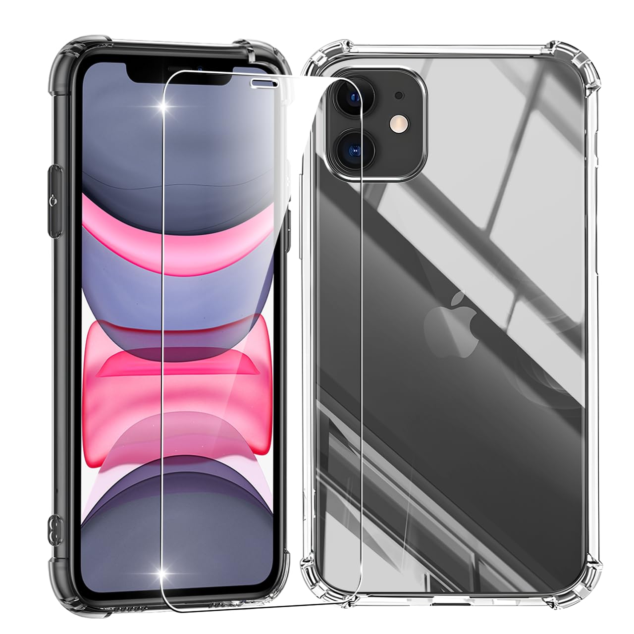 JCJCLY for iPhone 11 用 ケース クリア ガラス保護付き 黄変防止 アイフォン11 用 耐衝撃 アイフォン 11 専用case 指紋防止 落下防止 いphone11 用ケース 耐久性 ストラップホール付き 薄型 軽量 ソフ