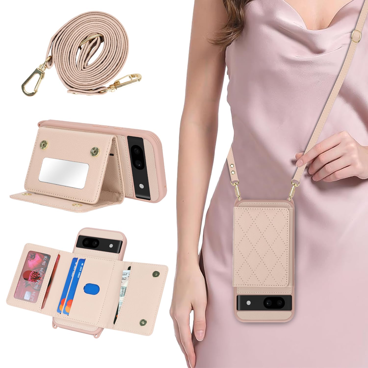 DEYHU 対応 Google Pixel 8a ケース ショルダー グーグルピクセル8a ケース カード収納 鏡 肩掛け 斜めかけ スマホショルダー ピクセル8a ストラップ付き 耐衝撃 調節可能な 携帯ケース - ローズゴ
