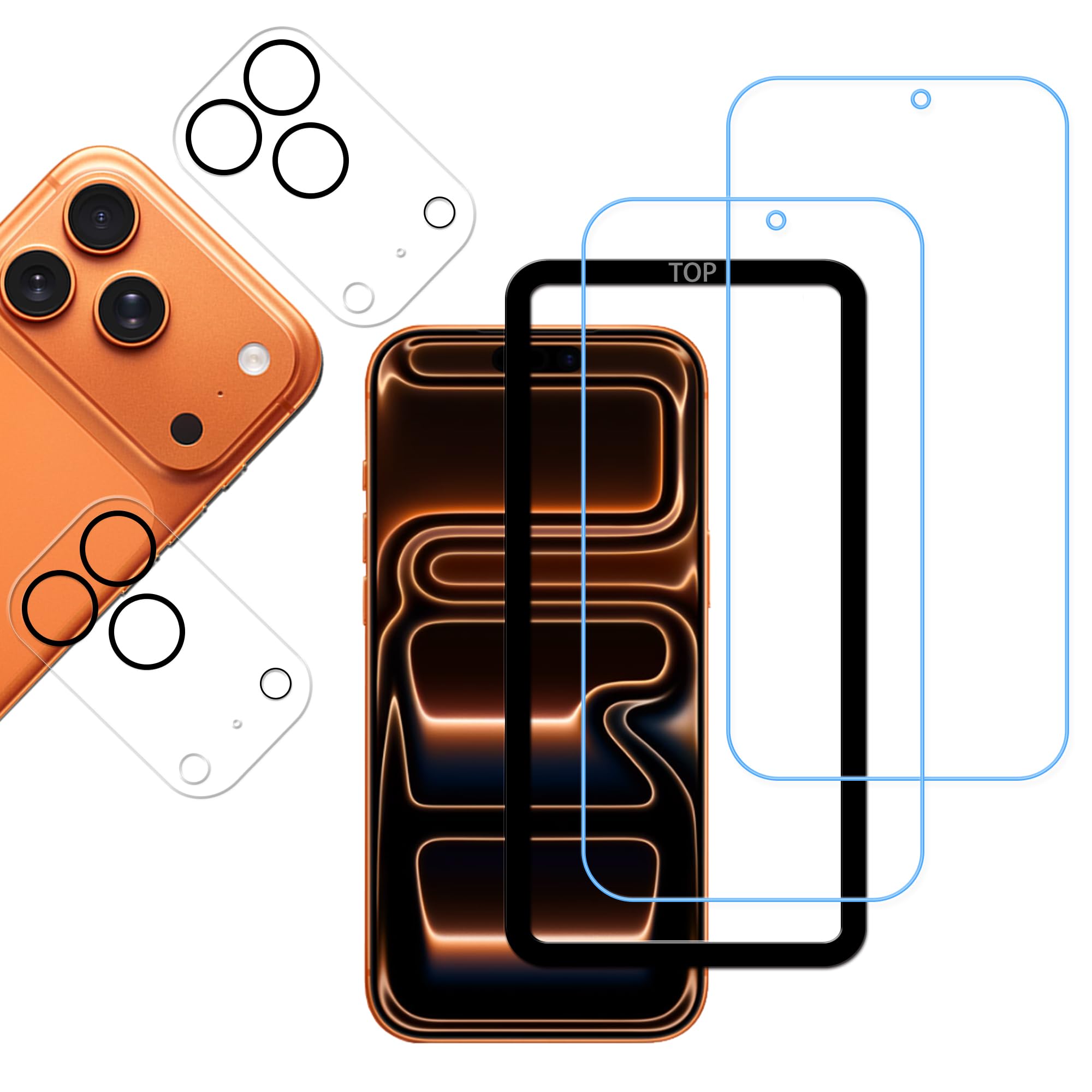 【対応機種】いphone 17 Pro ガラスフィルム2枚 + カメラフィルム2枚。【注意】この電話の画面の端は湾曲しているため、保護フィルムのサイズが丁度良い場合、しっかりと貼り付けられず、白いエッジやシェルとの干渉などの問題があるため、...