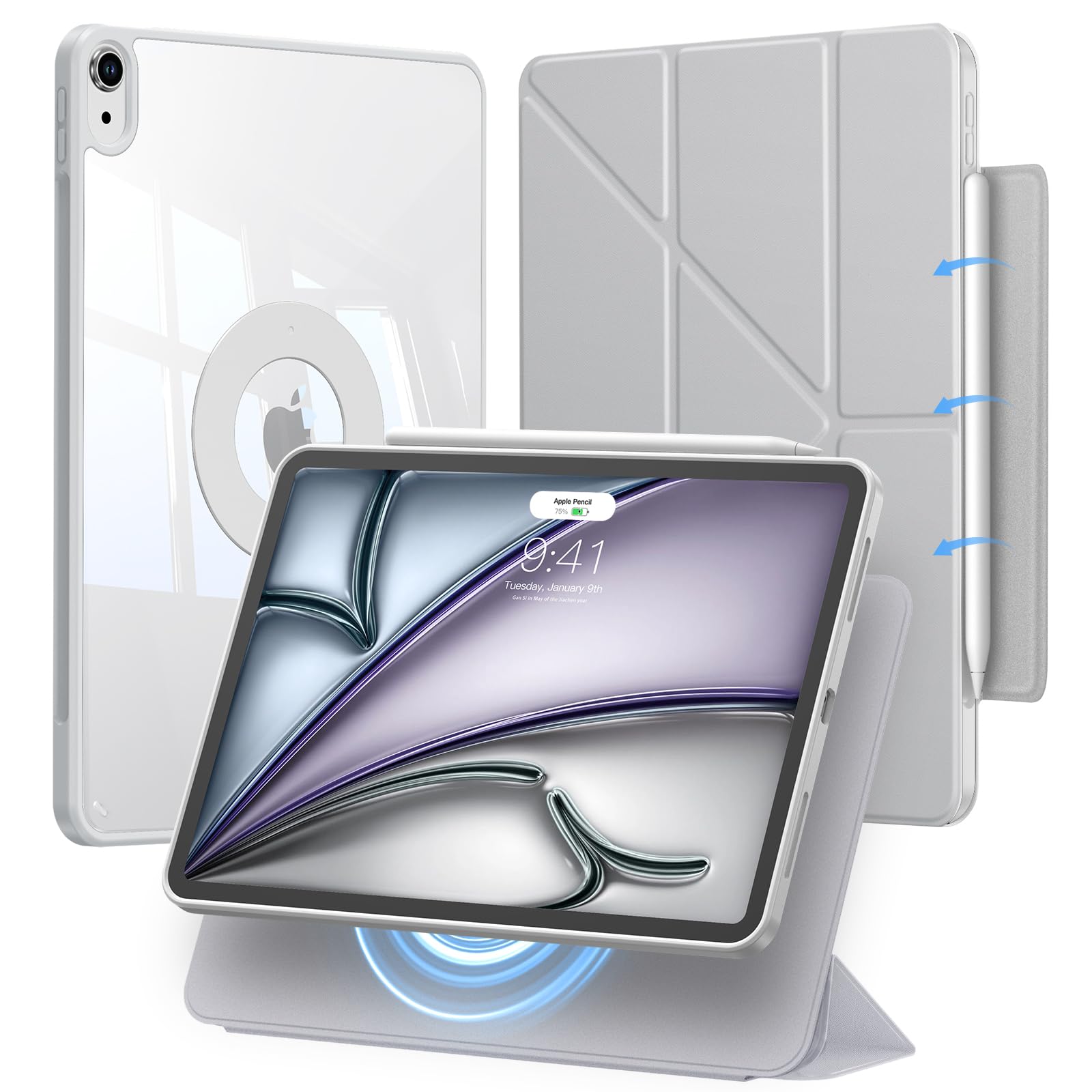 乐天商城 - iPad Air 11インチ ケース (M3/M2、2025/2024) iPad Air 第5/4世代 (2022/2020) 専用カバー 取り外し可能マグネットカバー 回転式 縦/横向きスタンド マルチアングル ケース 安定設計 Pencil Pro/USB-C完全対応