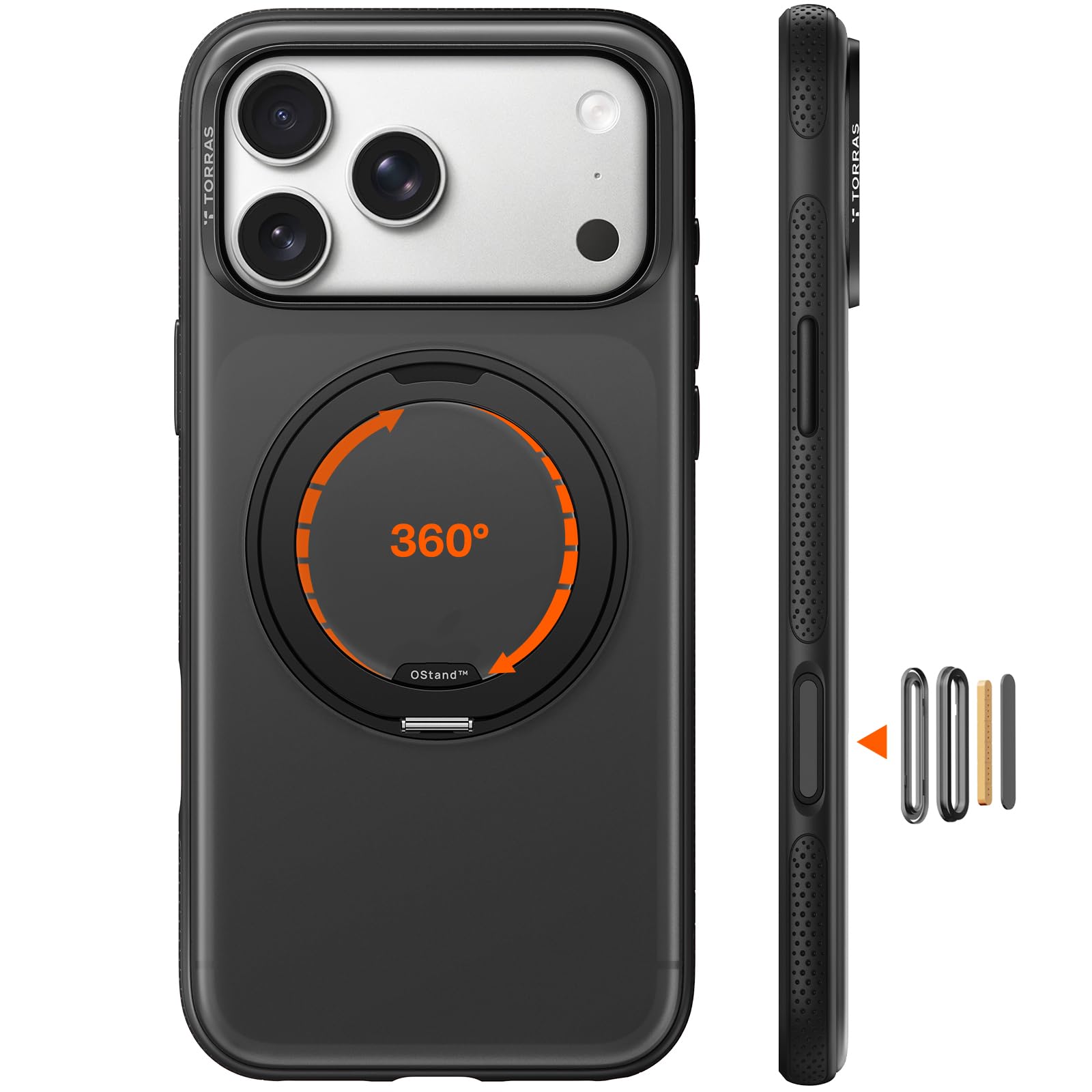 TORRAS iPhone 17 Pro 用ケース 【カチカチ・多機能360度回転スタンド】リング Ostand O3 Fitness MagSafe対応 米軍MIL規格耐衝撃 スタンド 指紋防止 黄変防止 カメラコントロールボタン付き ストラップホ