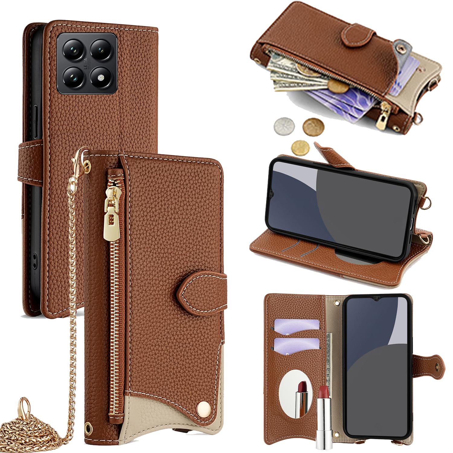 乐天商城 - For Xiaomi 14T ケース 手帳型 ショルダー For シャオミ 14T カバー 財布型 肩掛け 横+縦 2掛け方 斜めがけ 化粧鏡付き おしゃれ ジッパー小銭入れ カード収納 横置き ロングストラップ 耐汚れ PUレ