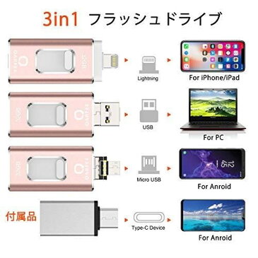 iPhone USBメモリー 32GB 最新版 フラッシュドライブ 3in1 iPhone/PC/Android/iPad IOS12対応 OTG Type- Cアダプタ付き(ピンク)